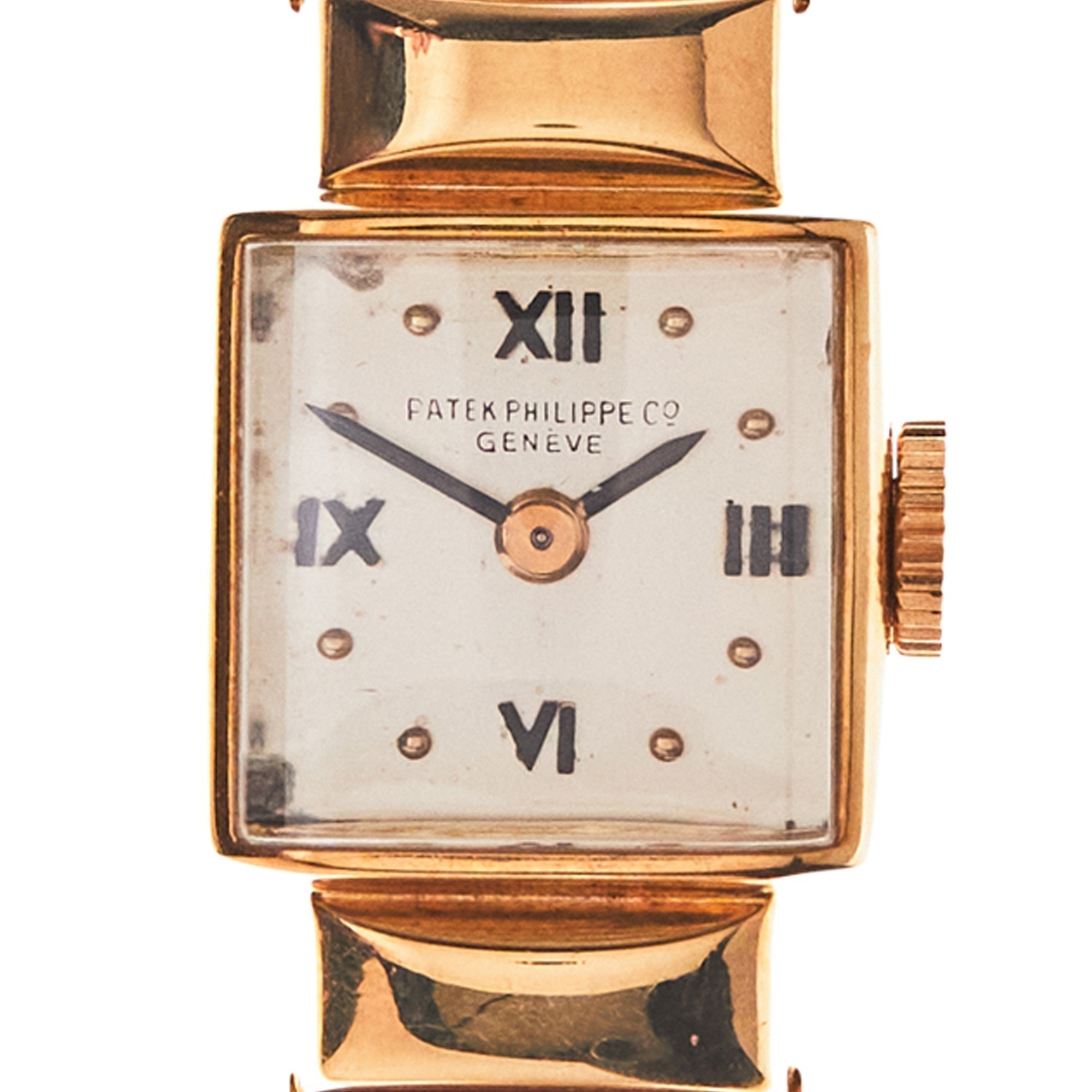 Patek Philippe 18K Gold 1940's Retro Woman's Wristwatch with Ribbed Link Bracelet - 2