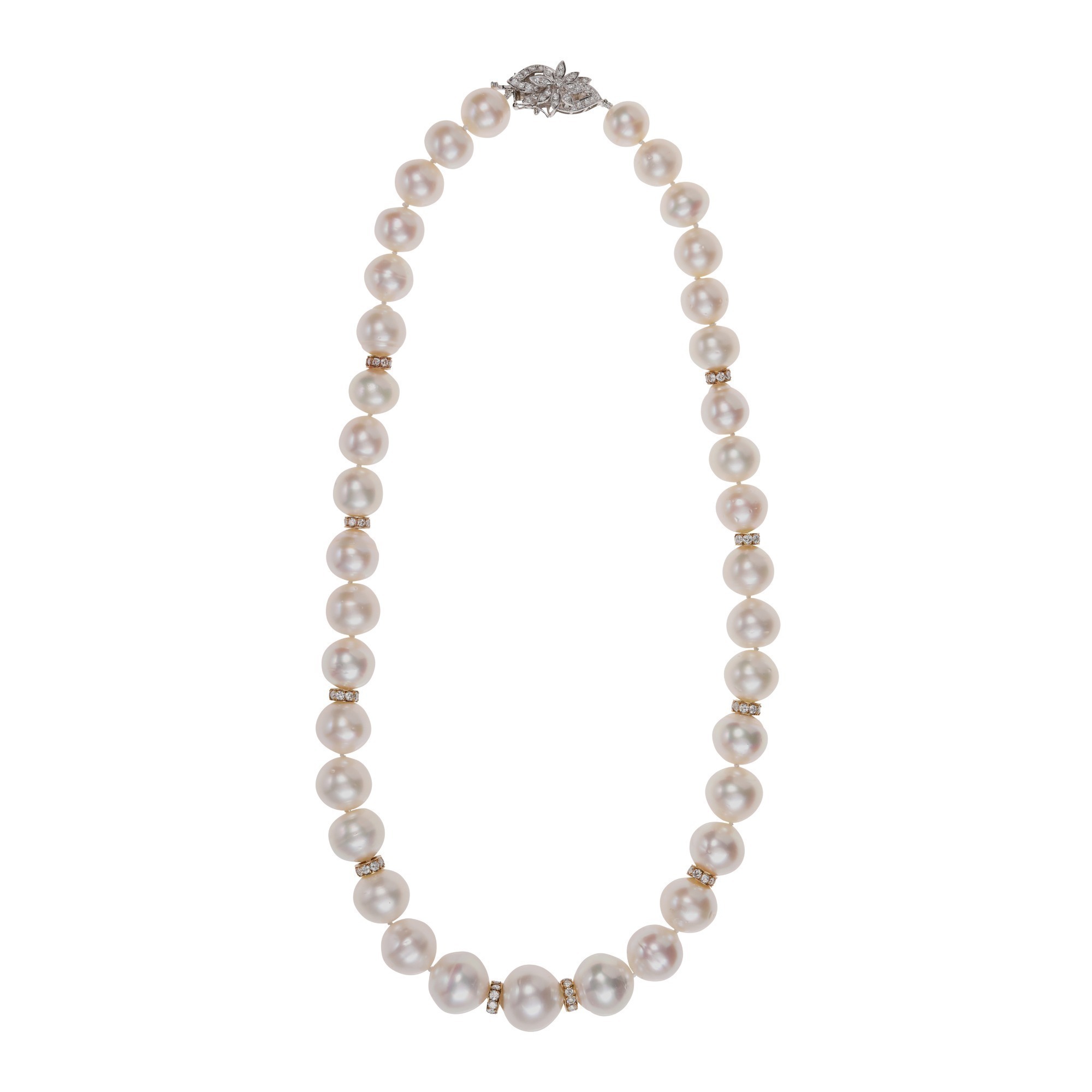 A South Sea Cultured Graduated Pearl, 18K Gold and Diamond Necklace with 11.5mm to 15.5mm Pearls