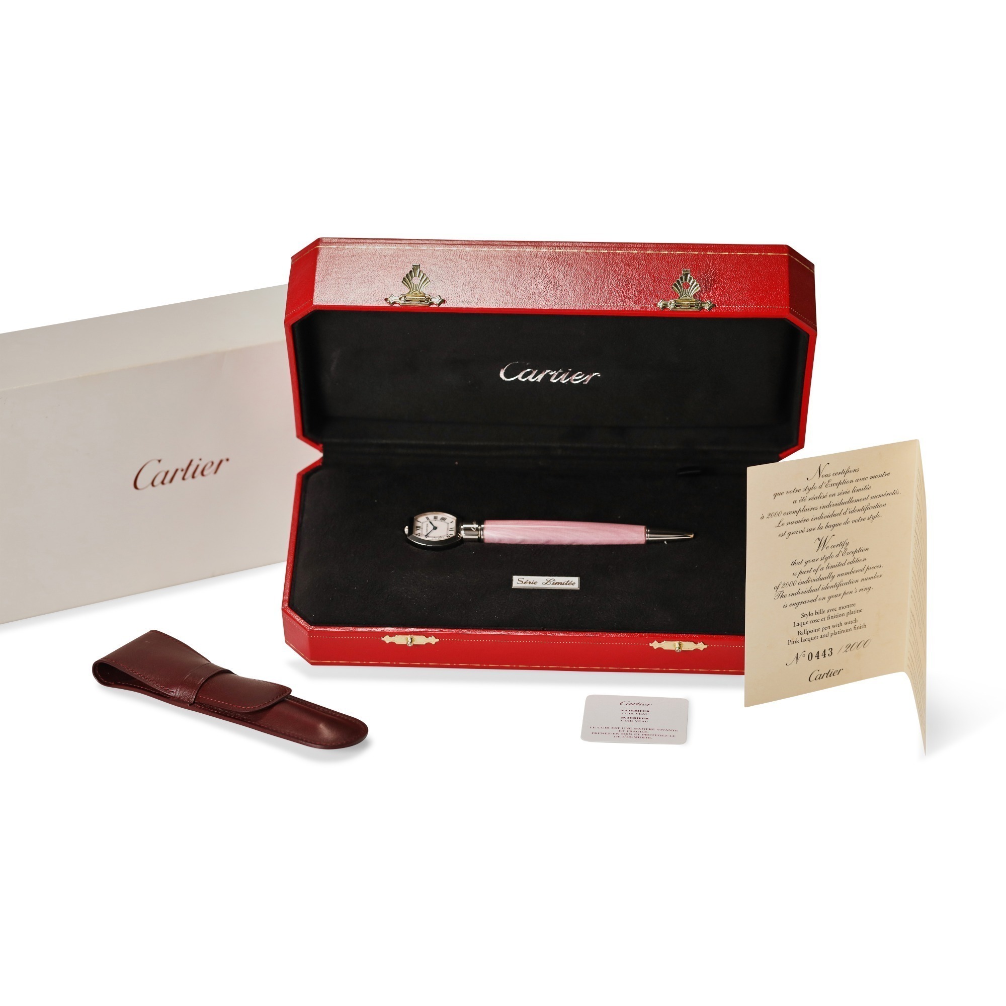 Cartier Limited Edition Pink Guilloche Enamel Platinum Plated Pen Watch with Mother of Pearl Dial