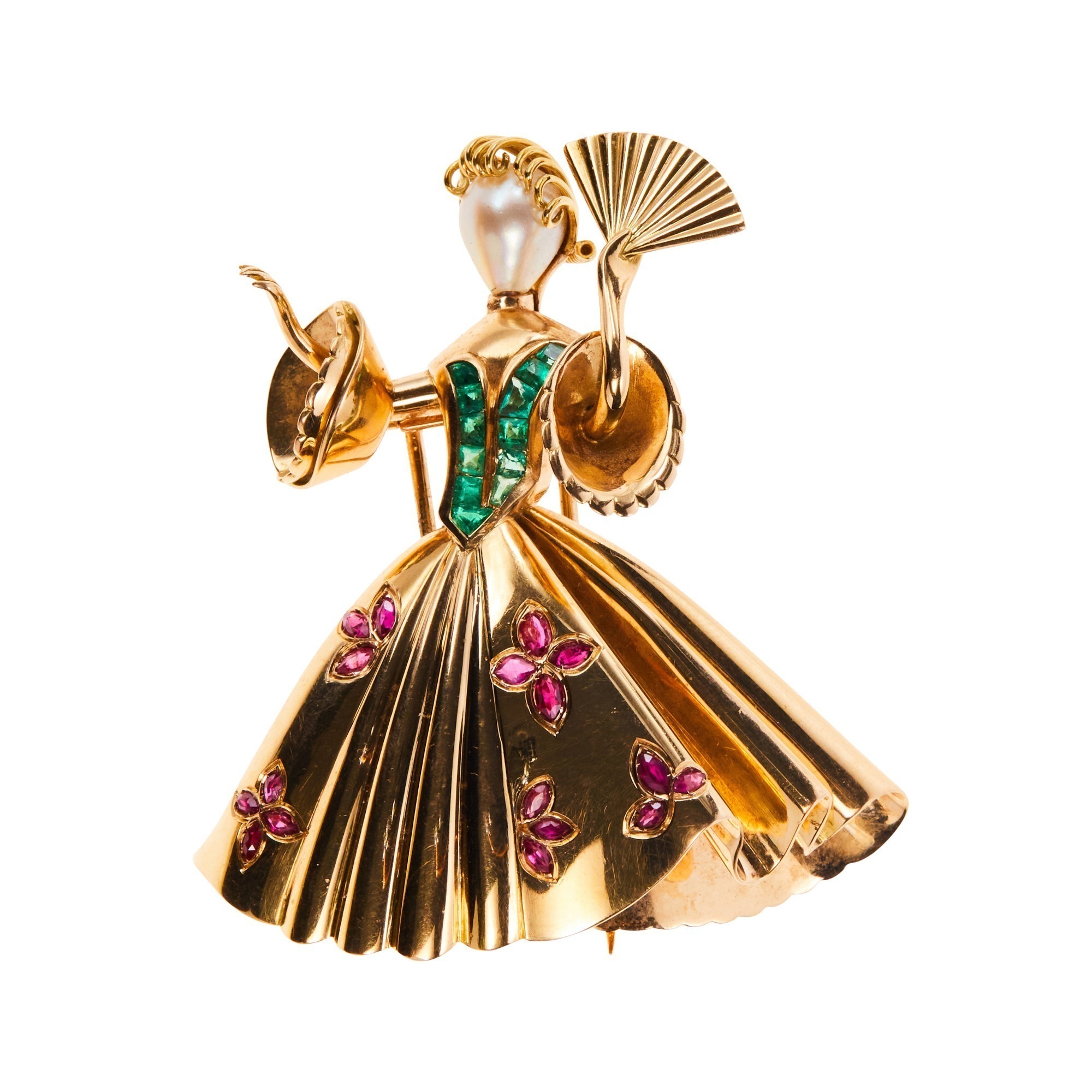 18K Yellow Gold Ruby Emerald and Baroque Pearl Ballerina Retro Brooch