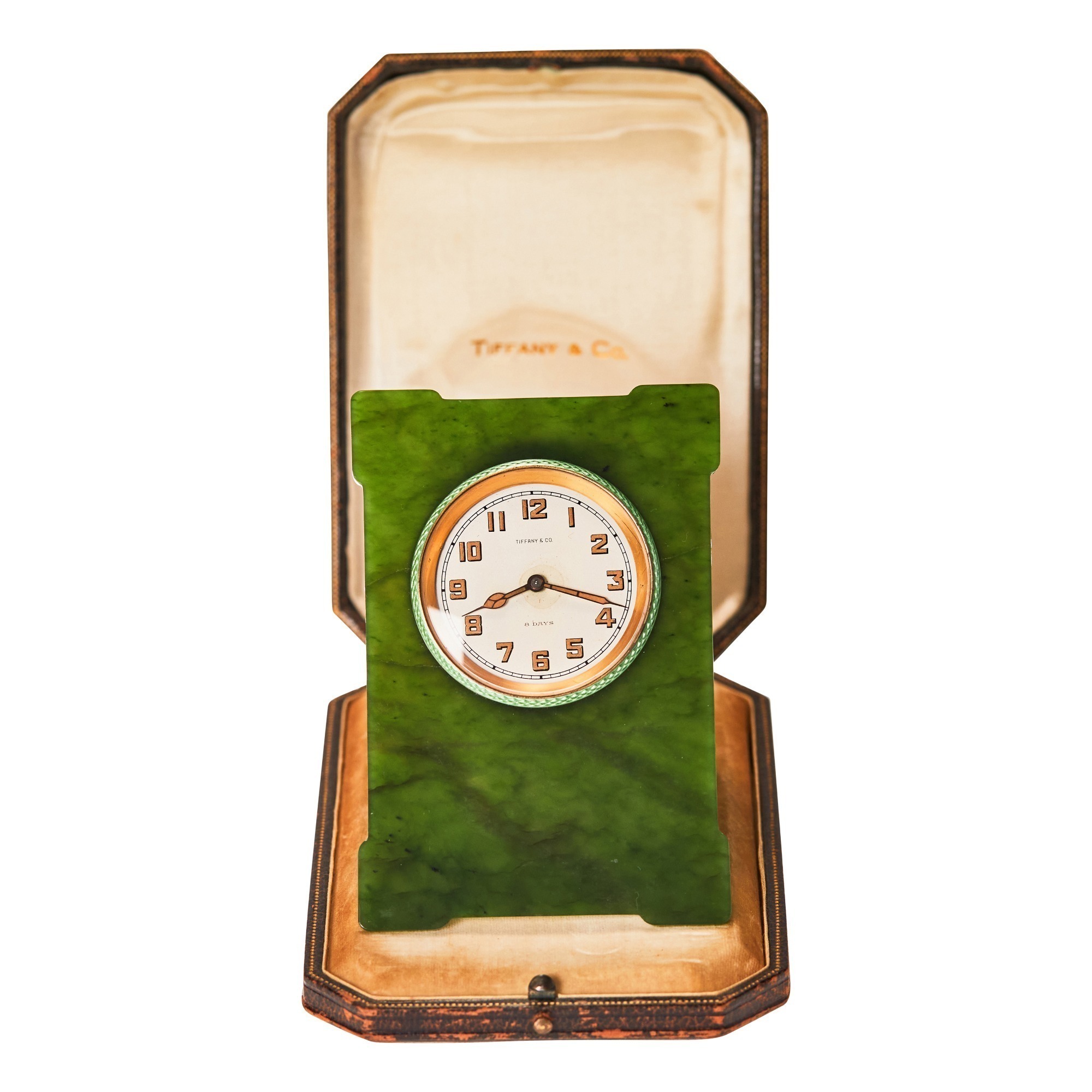 Tiffany & Co. Art Deco 8 Day Jade and Green Enamel Easel Back Desk Clock