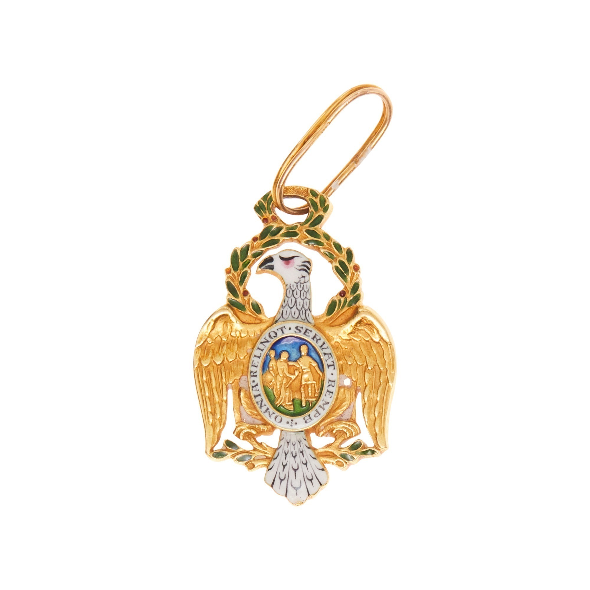 Unusual 18K Yellow Gold and Enamel Crest Style Pendant