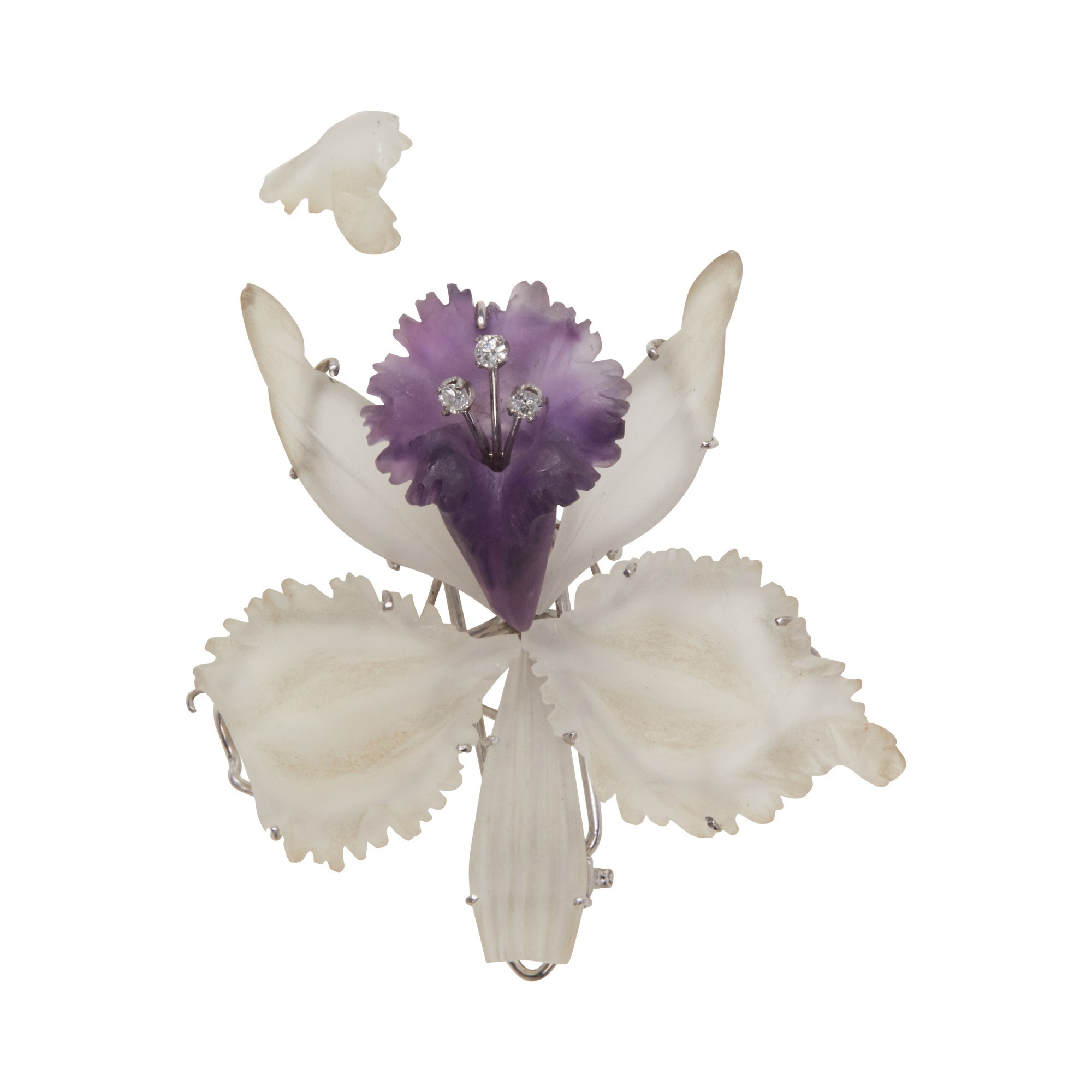 Rock Crystal, Diamond & 14k White Gold Orchid Brooch