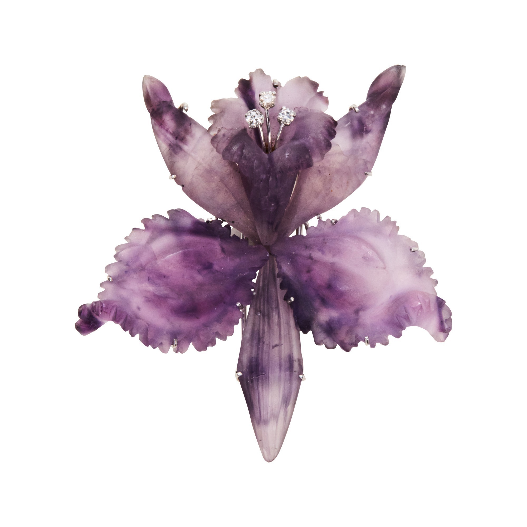 Carved Amethyst Diamond & 14k White Gold Orchid Brooch