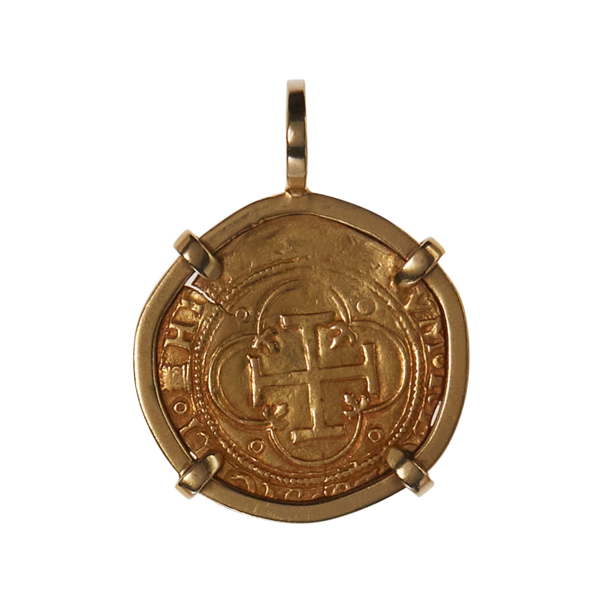 17th Century Spanish Colonial 1 Escudo Gold Coin in 18K Yellow Gold Custom Pendant