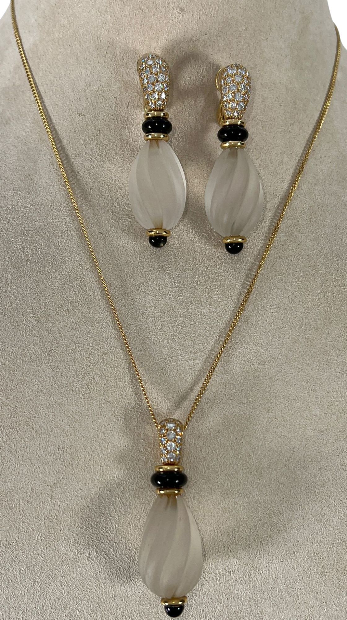 Givenchy 18K Gold Diamond Rock Crystal and Onyx Earrings and Pendant Suite