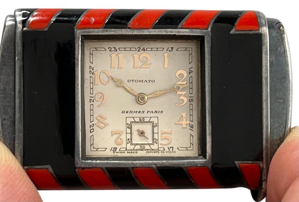 Hermes Art Deco Lacquer & Silver Otomato Shutter Wind Travel Clock Watch