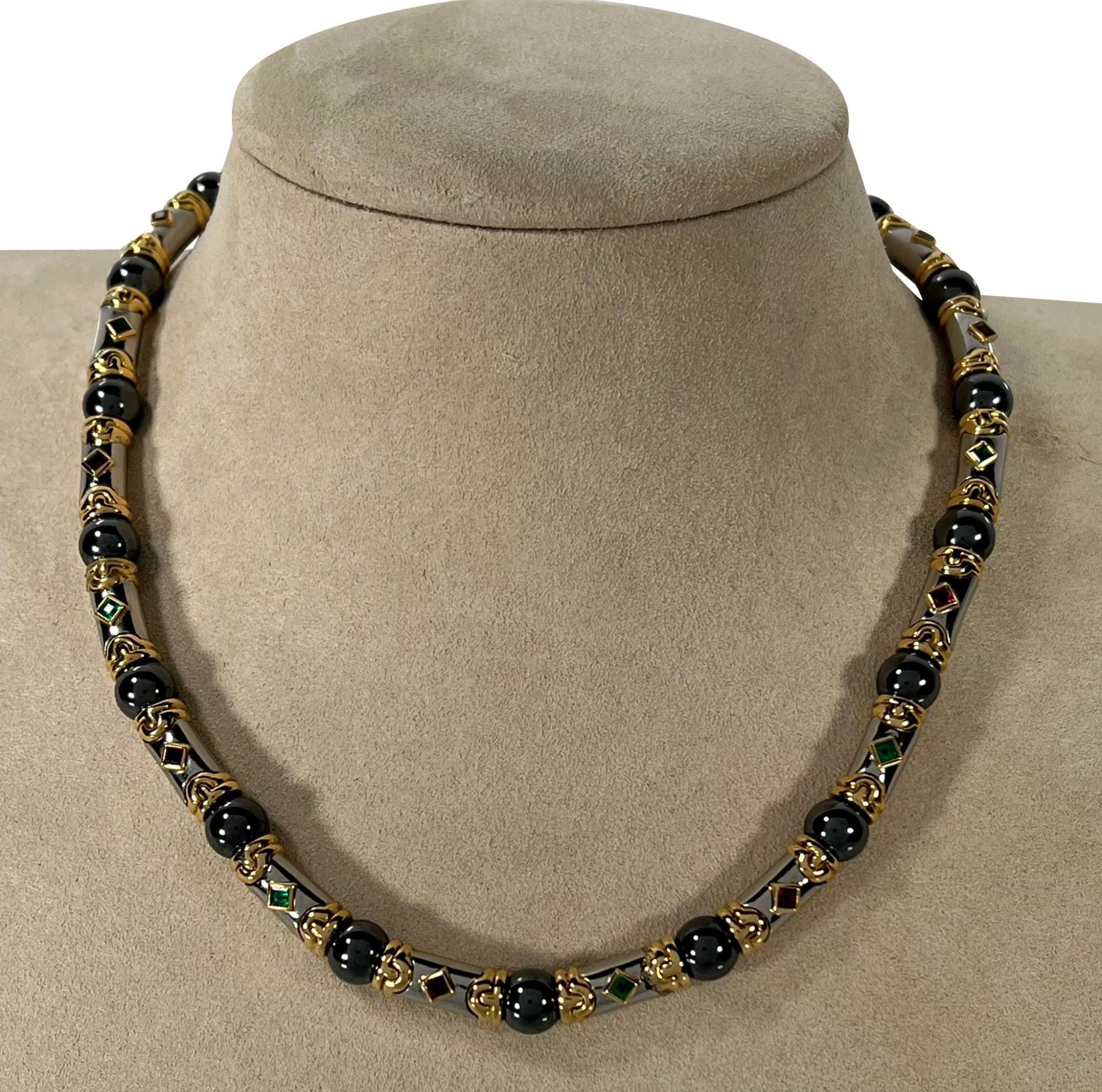 Bvlgari 18K Yellow Gold Stainless Steel Ruby & Emerald Necklace with Hematite Beads