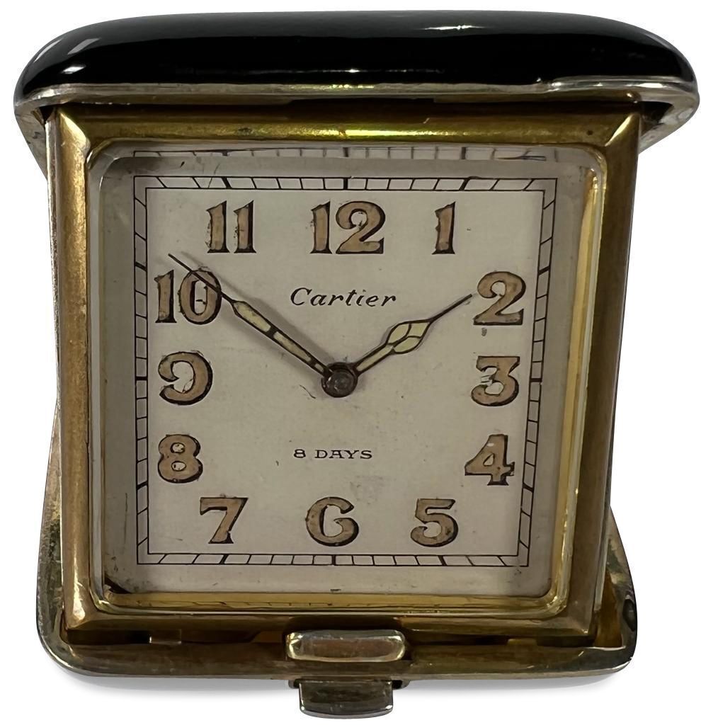 Cartier Art Deco Gold Lacquer and Silver 8 Day Travel Clock