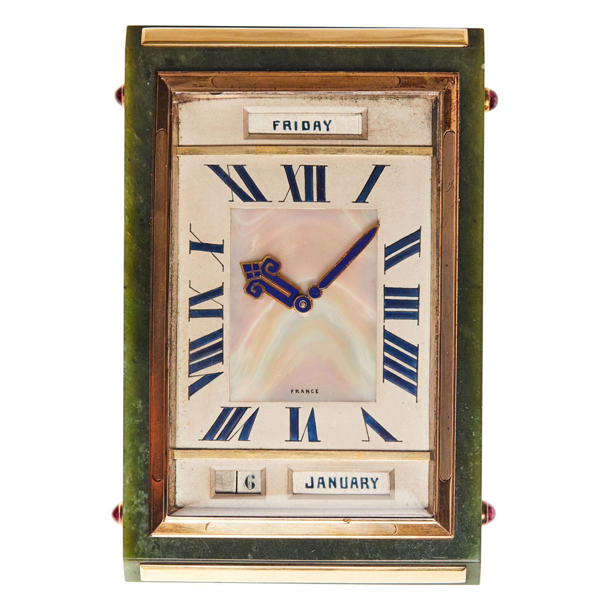 Cartier Jade Cabochon Ruby Gold and Enamel Art Deco Triple Calendar Desk Clock, Circa 1930