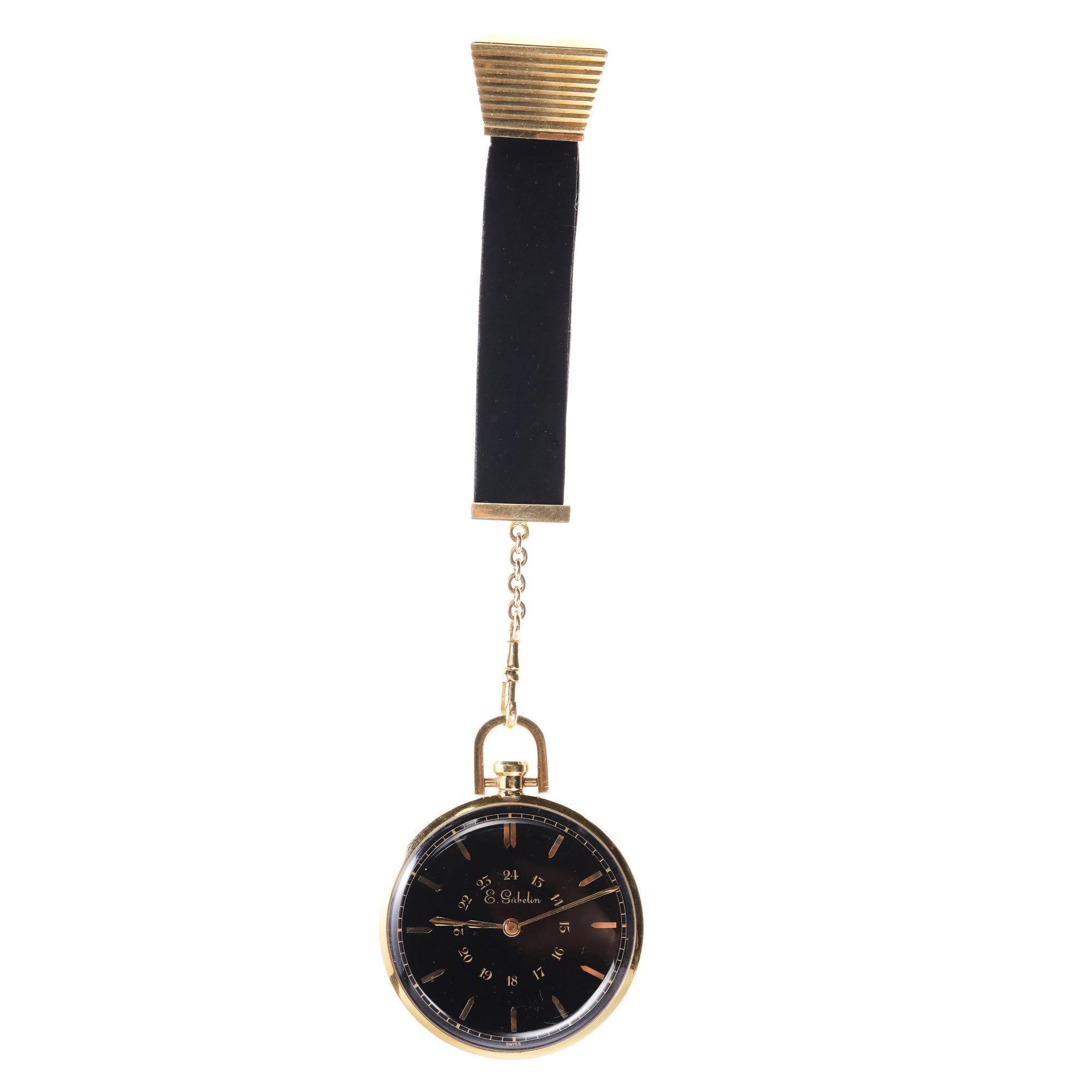 E. Gubelin 18K Yellow Gold Art Deco Men's Black Dial Dress Watch with Associated Gold and Black Suede Watch Fob