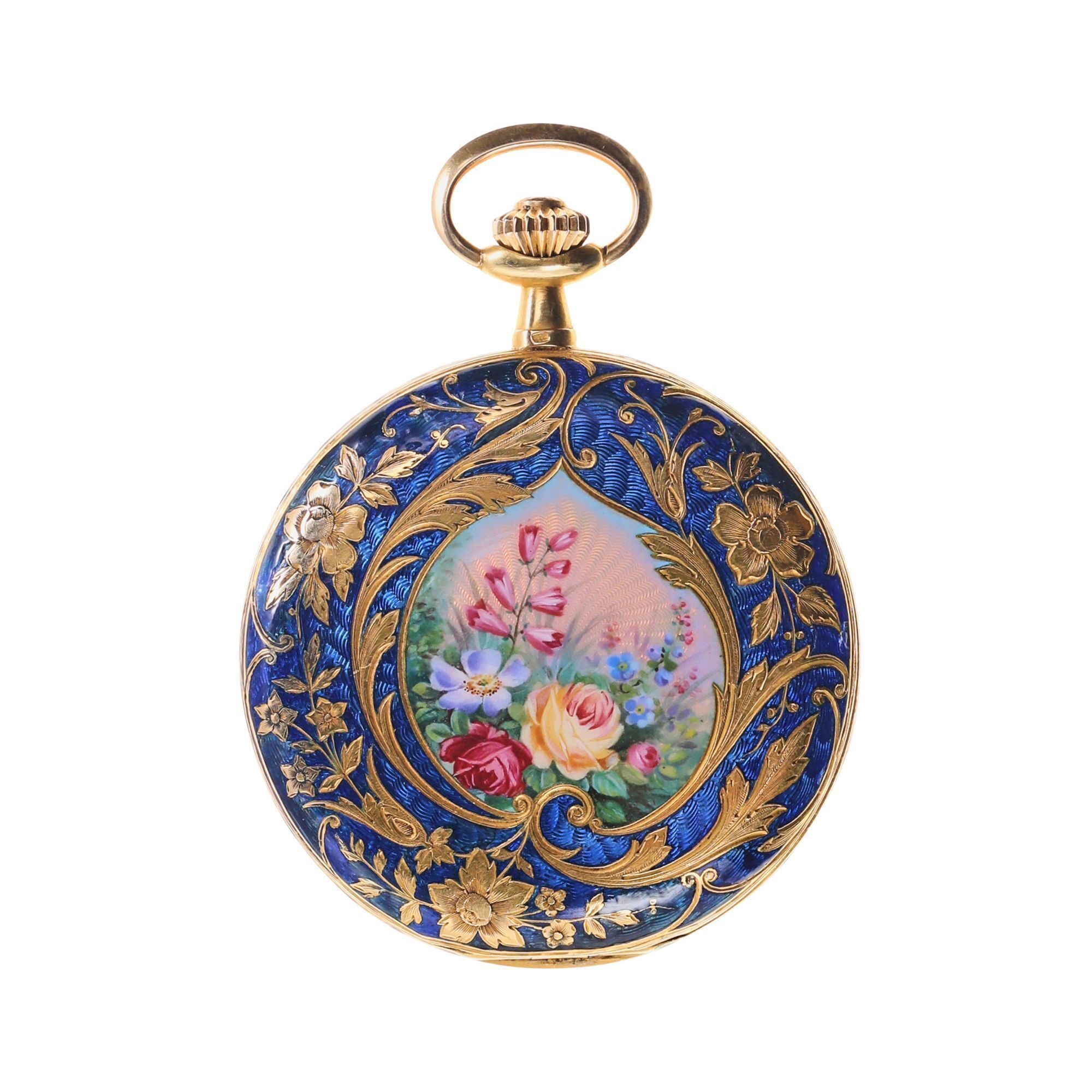 18K Yellow Gold and Multicolor Enamel Hunting Case Pocket Watch Signed Invicta