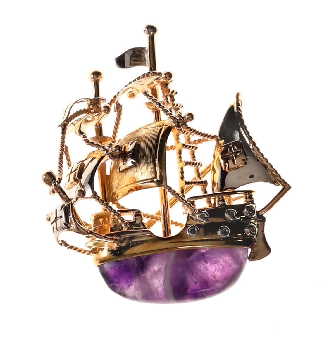 Portuguese Galleon 18K Gold and Amethyst Brooch