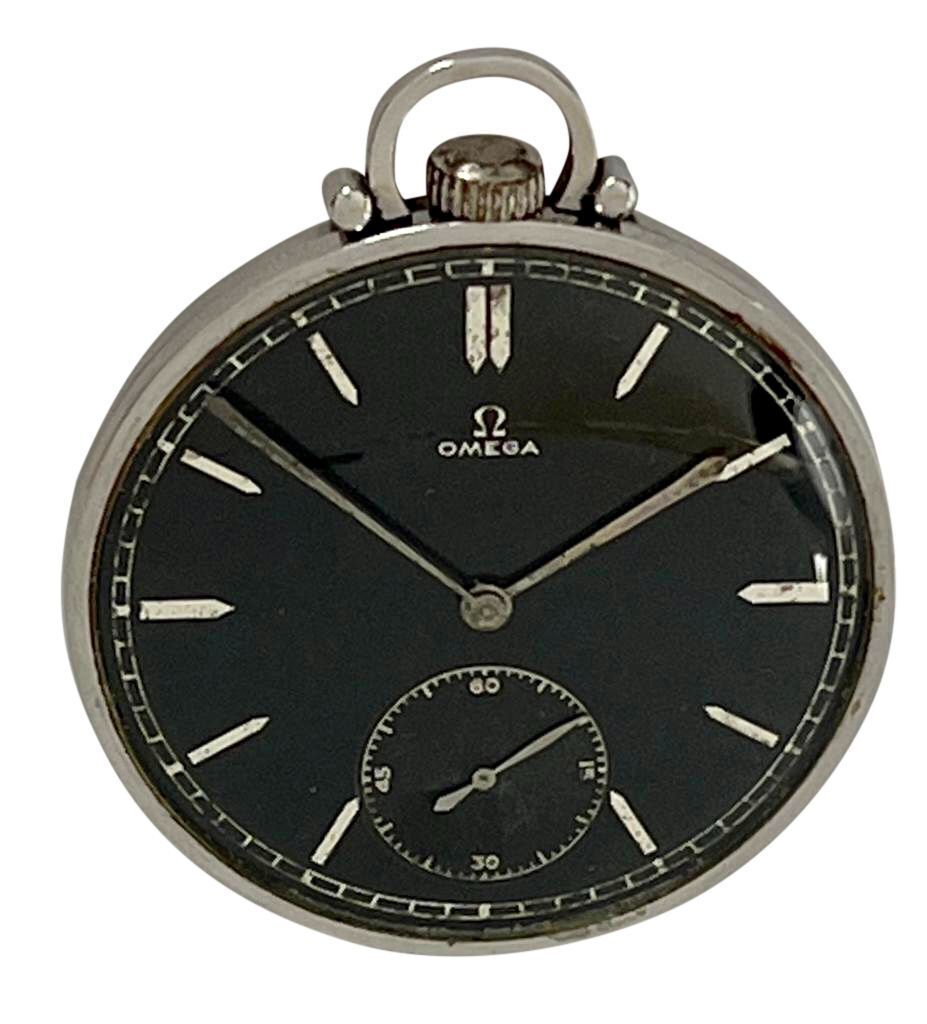 Omega Art Deco Black Dial Steel Pocket Watch