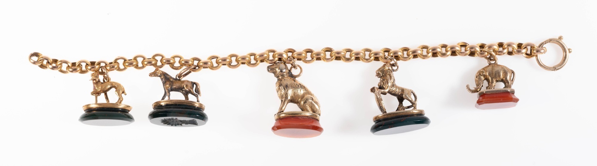 VICTORIAN 18K GOLD CHARM BRACELET WITH 5 FIGURAL ANIMAL SEAL FOBS