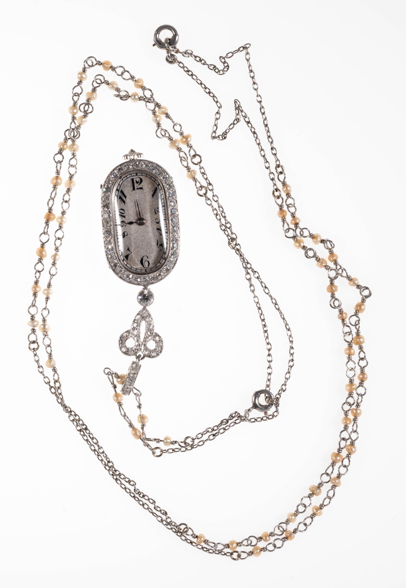 ART DECO PLATINUM AND DIAMOND PENDANT WATCH WITH PLATINUM AND SEED PEARL CHAIN