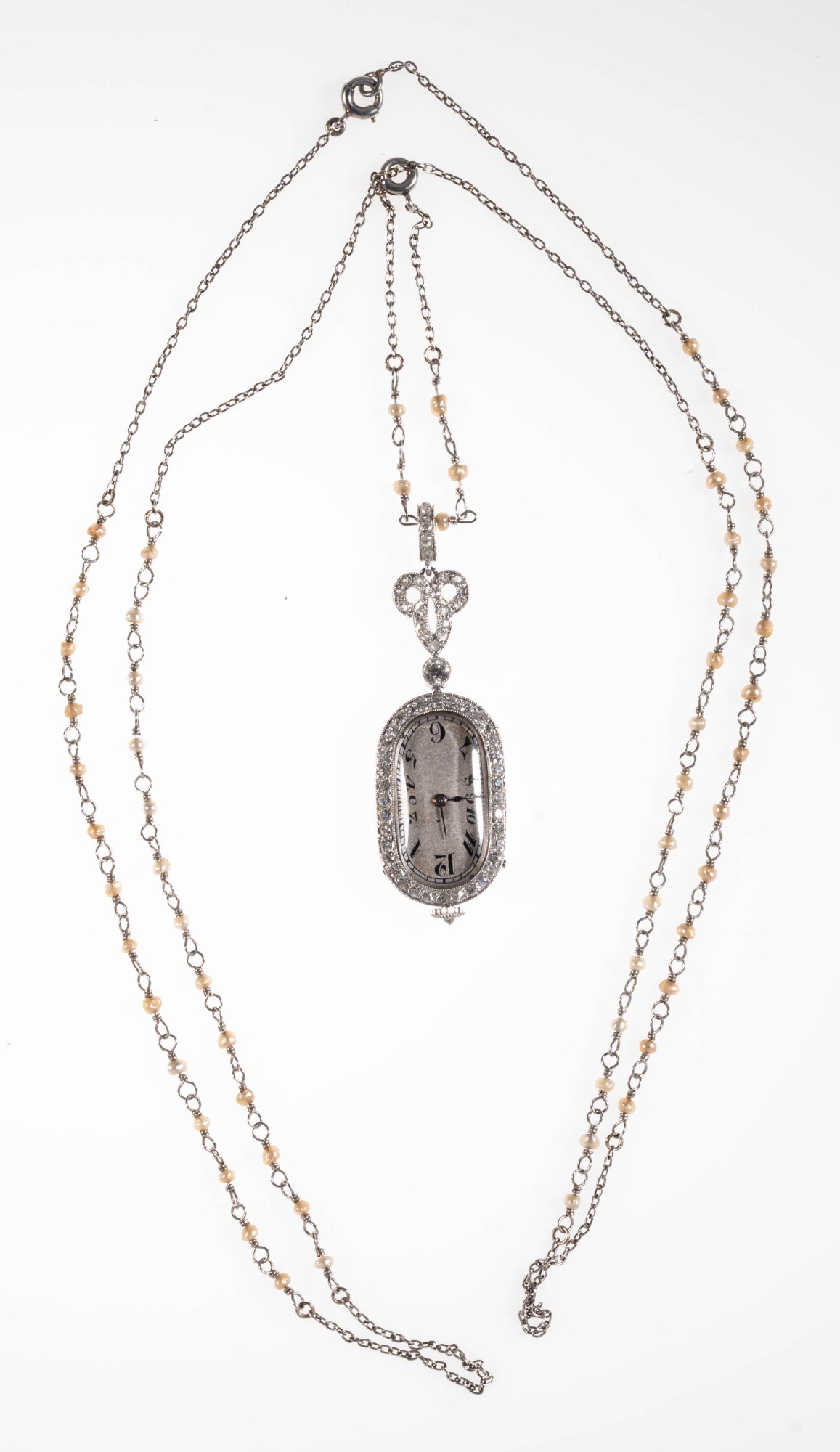 ART DECO PLATINUM AND DIAMOND PENDANT WATCH WITH PLATINUM AND SEED PEARL CHAIN - 2