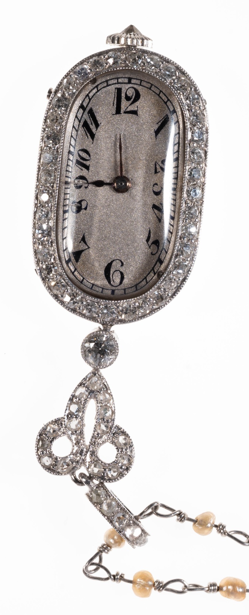 ART DECO PLATINUM AND DIAMOND PENDANT WATCH WITH PLATINUM AND SEED PEARL CHAIN - 3
