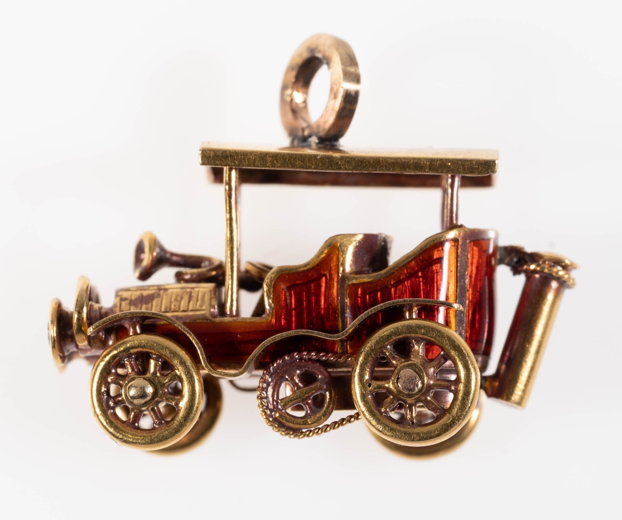 14K GOLD ENAMEL AND RUBY 3 DIMENSIONAL EARLY AUTOMOBILE CHARM