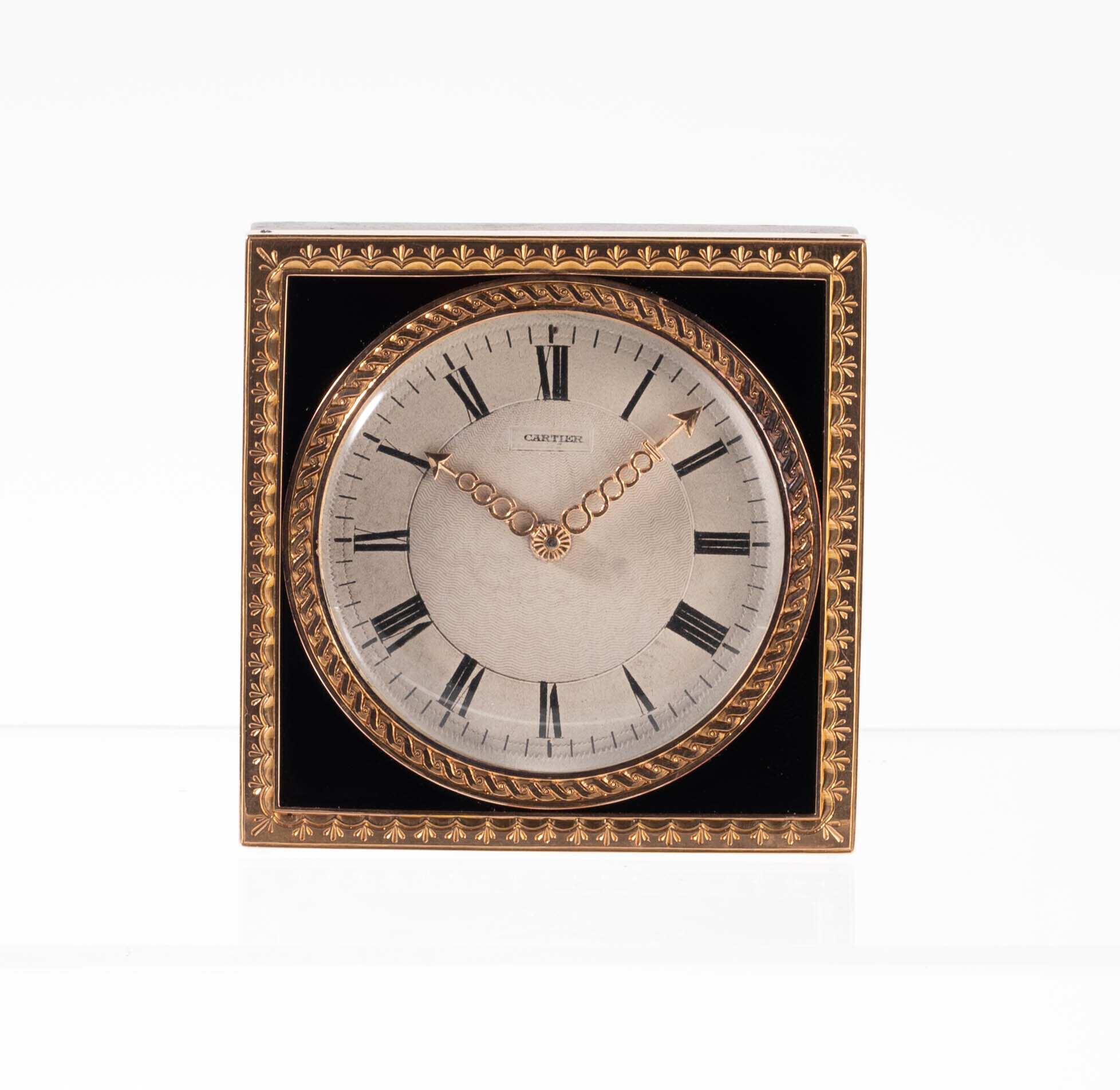 CARTIER EUROPEAN WATCH AND CLOCK COMPANY 18K ROSE GOLD AND FRENCH LACQUER DESK CLOCK