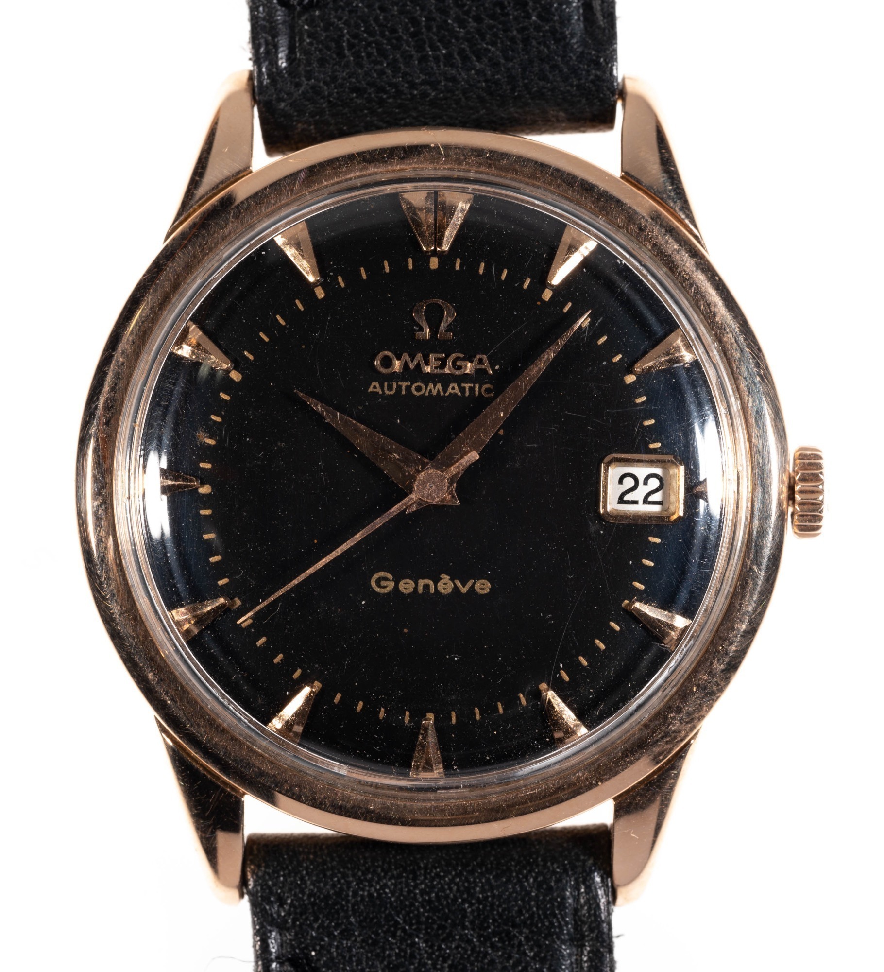 OMEGA 18K ROSE GOLD REF. 2982 BLACK DIAL AUTOMATIC WRISTWATCH WITH DATE