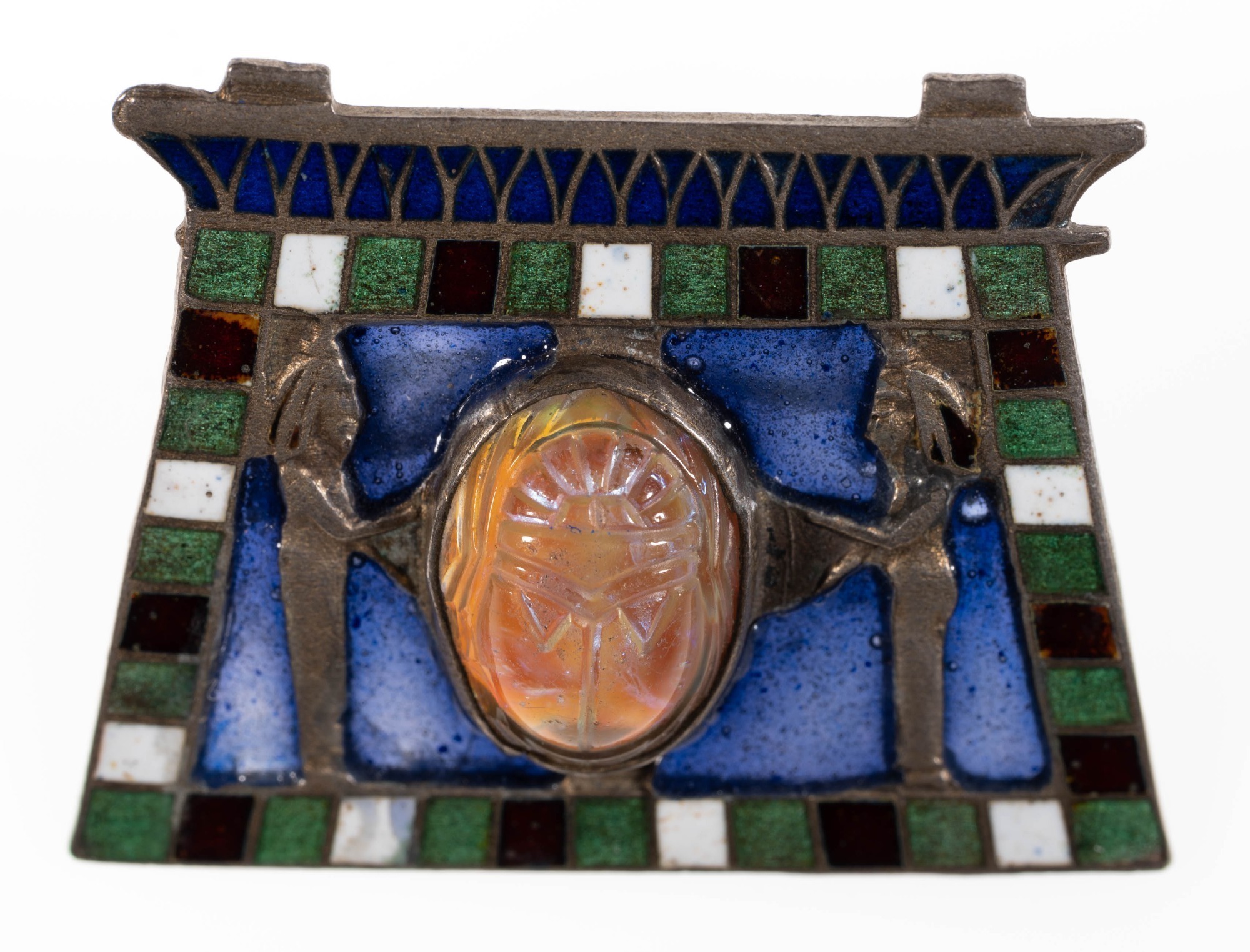 EGYPTIAN REVIVAL SILVER BROOCH WITH OPAL SCARAB, ENAMEL, AND PLIQUE A'JOUR