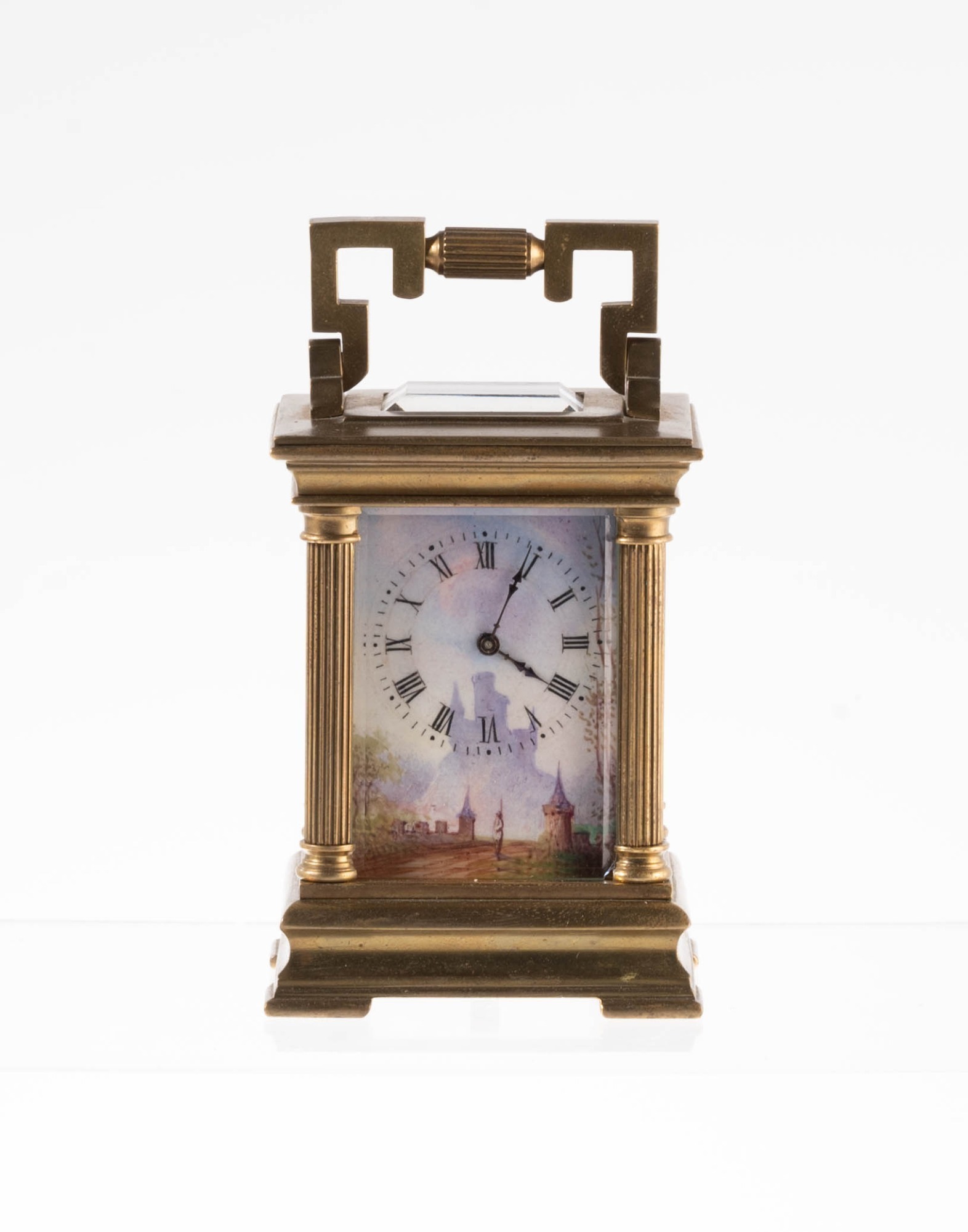 FRENCH MINIATURE CARRIAGE CLOCK WITH HAND PAINTED PORCELAIN PANELS