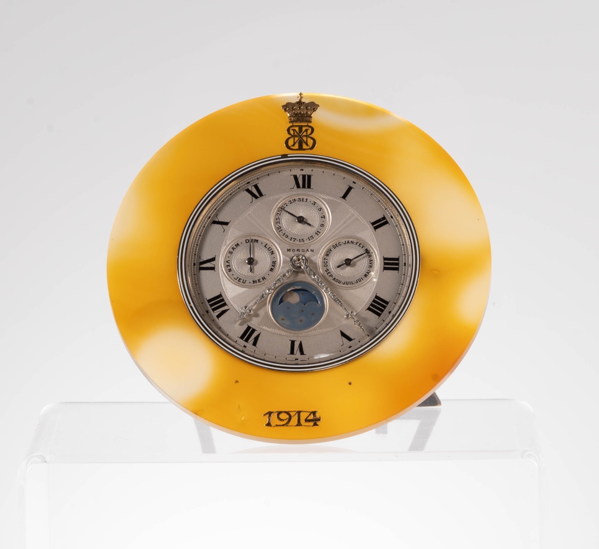 FRENCH AGATE SILVER AND GOLD TRIPLE CALENDAR MOON PHASE DESK CLOCK
