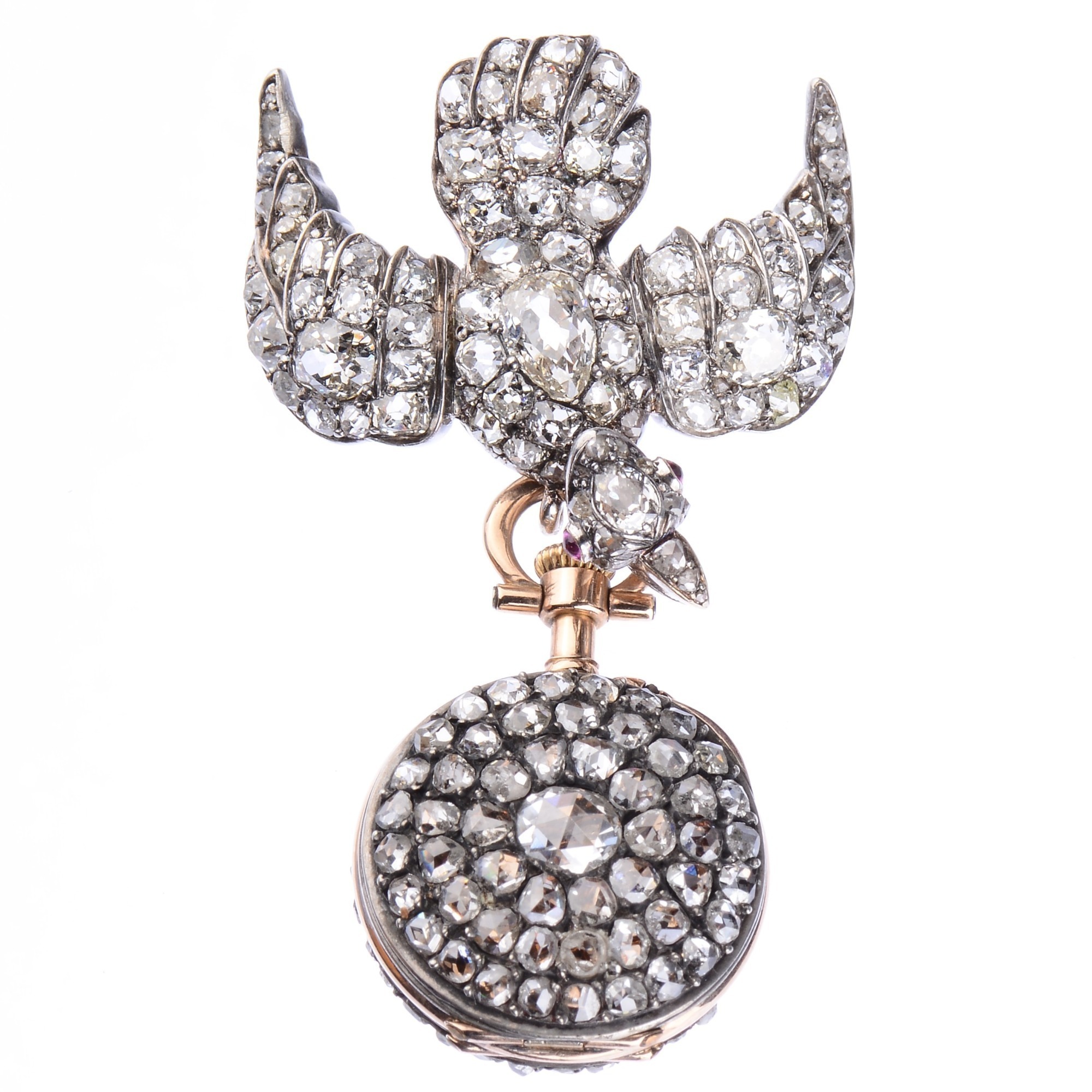 Rose Cut Diamond Silver Top 18K Gold Miniature Pendant Watch With Rose Cut Diamond and Cabochon Ruby Eagle Pendant
