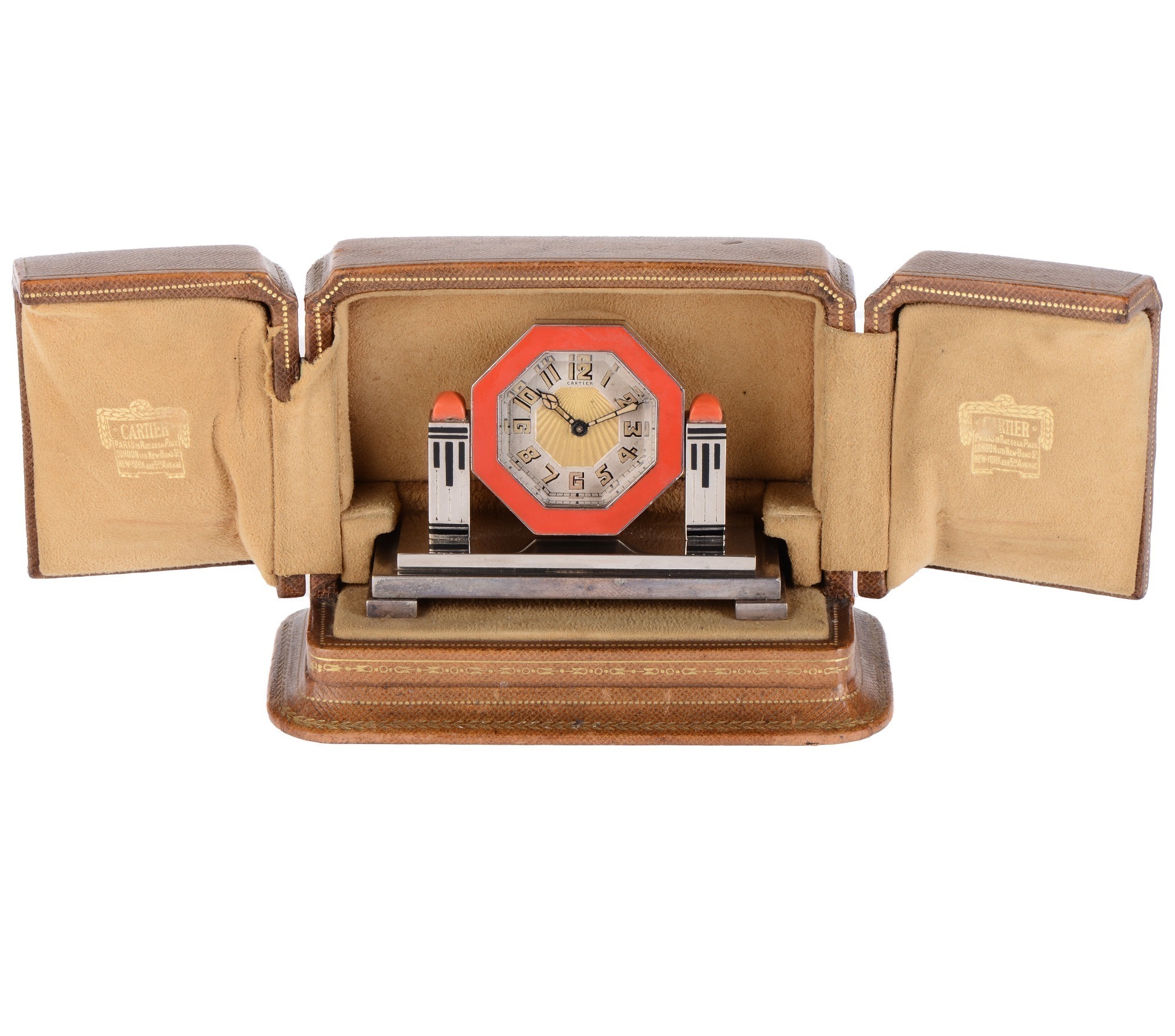 Cartier Art Deco Coral And Enamel Desk Clock With Original Box
