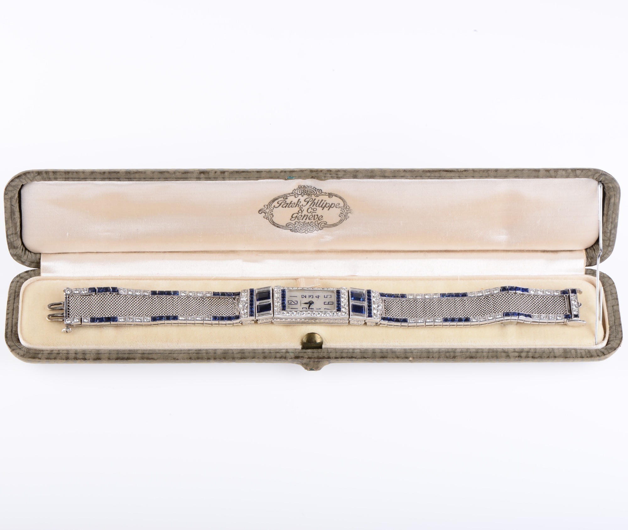 Patek Philippe Art Deco Diamond and Sapphire Platinum Ladies Wristwatch With Original Bracelet