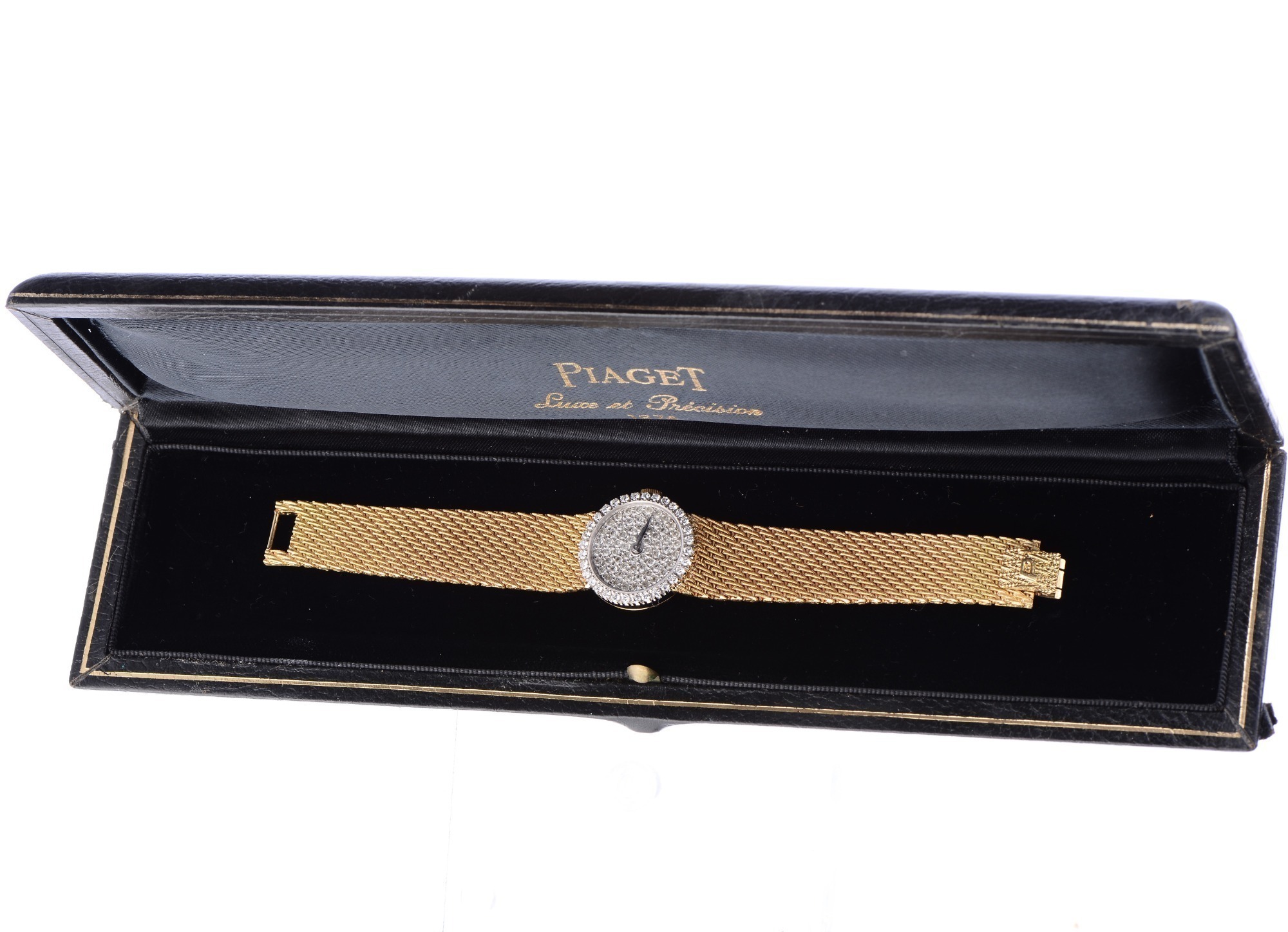 Piaget Pave Diamond Dial 18K Gold Wristwatch With Diamond Bezel In Original Box