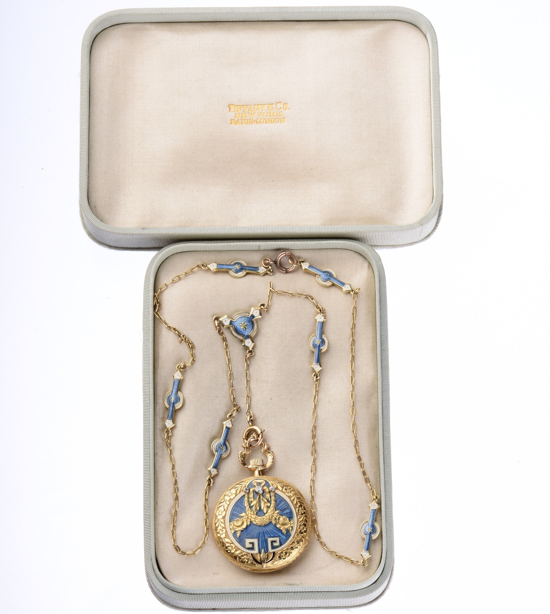 Longines For Tiffany and Company 18K Gold Edwardian Enamel and Diamond Pendant Watch With Matching Chain