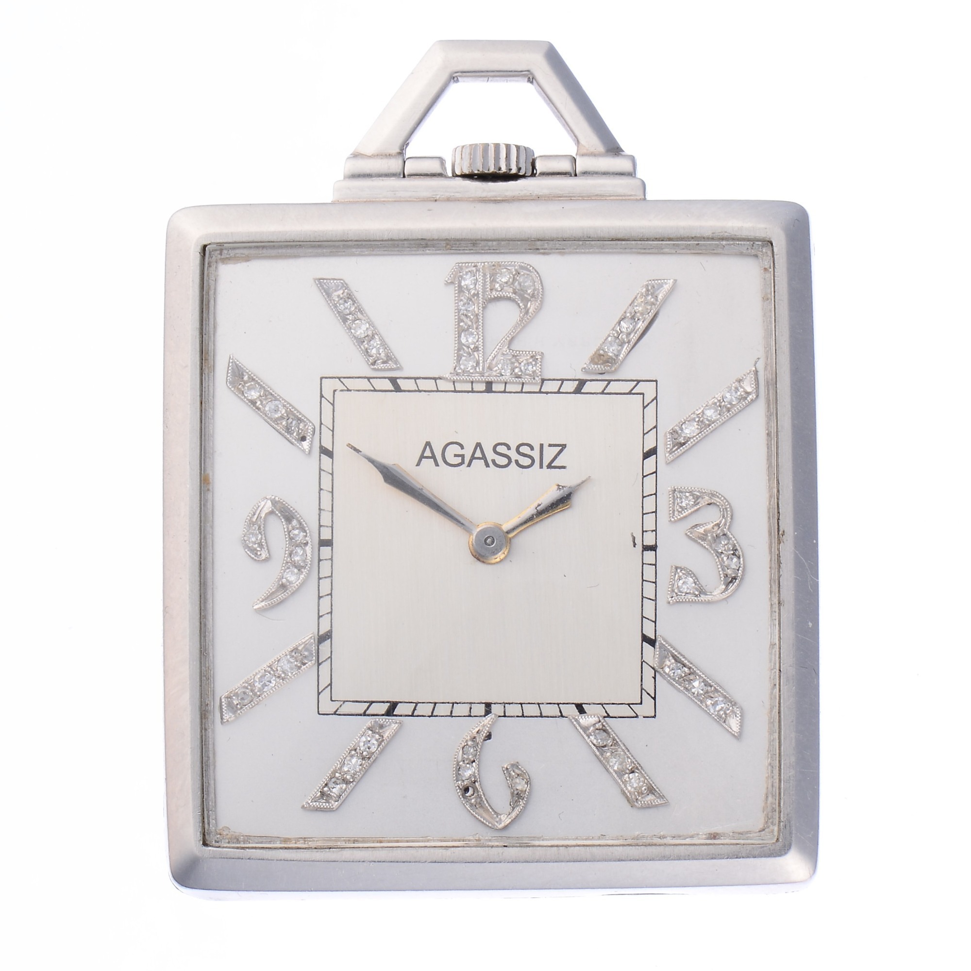 Agassiz Platinum Diamond Dial Art Deco Square Pocket Watch