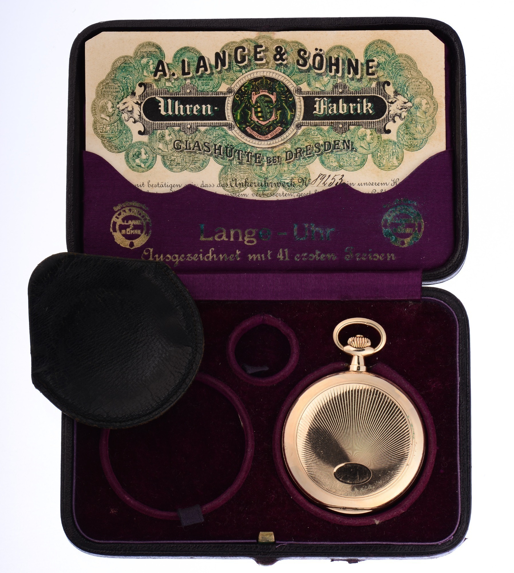 A. Lange and Sohne 14K Gold Hunting Case Pocket Watch With Box And Papers