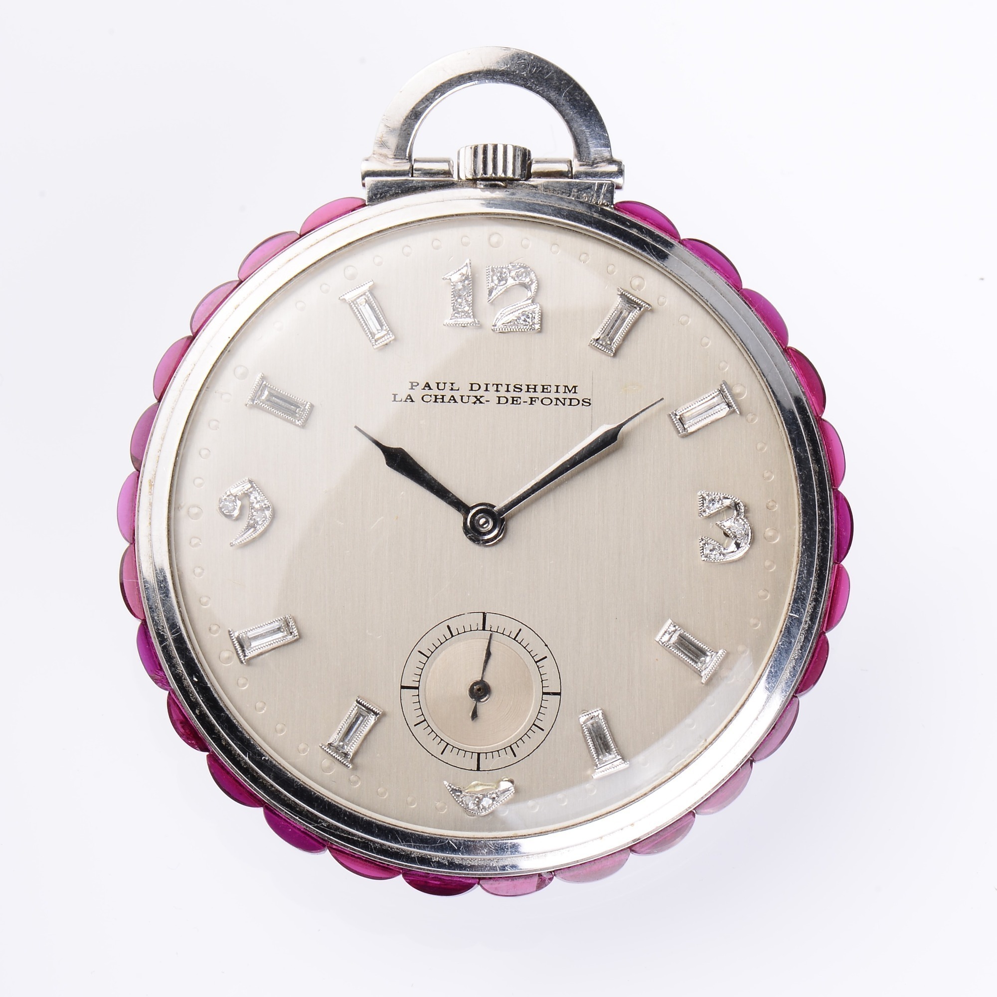 Paul Ditisheim Platinum And Ruby Art Deco Dress Pocket Watch With Diamond Marker Dial