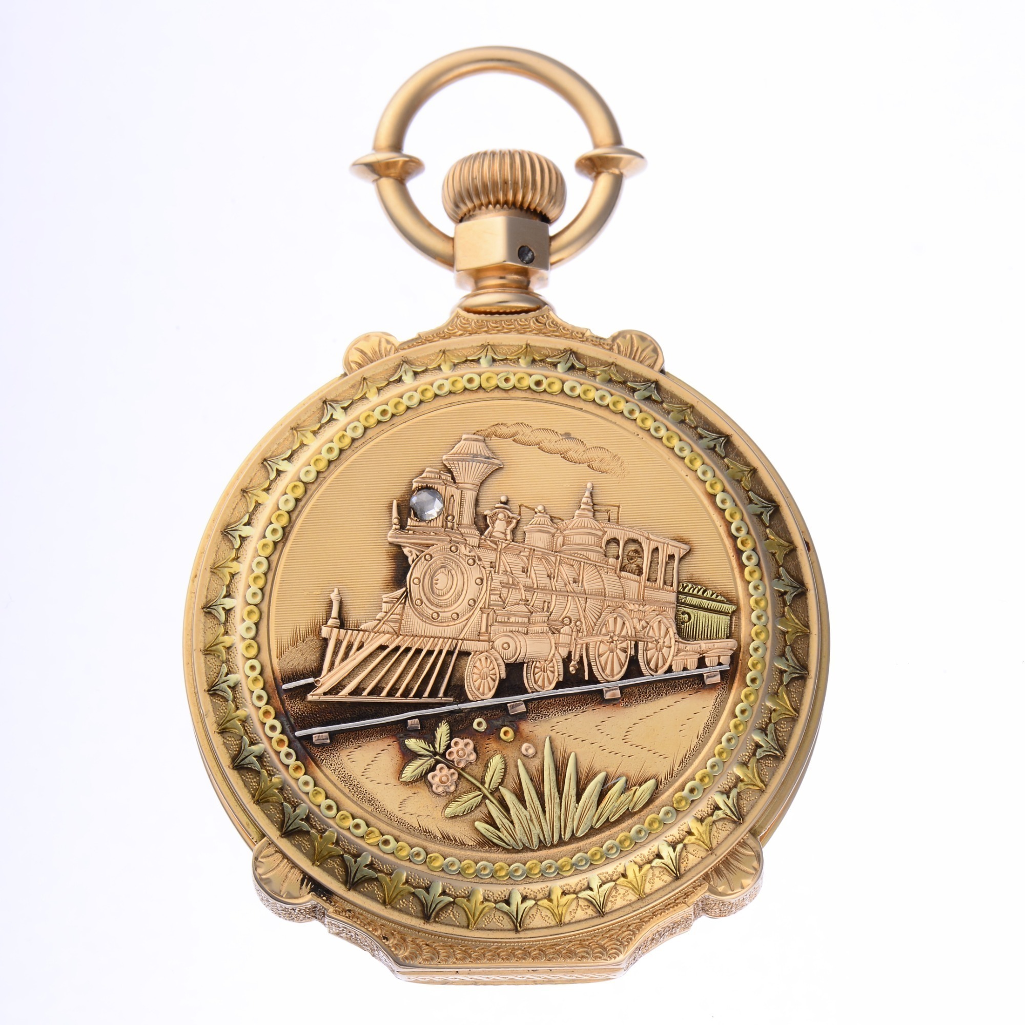 Waltham Model 1872 18K Gold Multi- Color Train Motif Hunting Case Pocket Watch