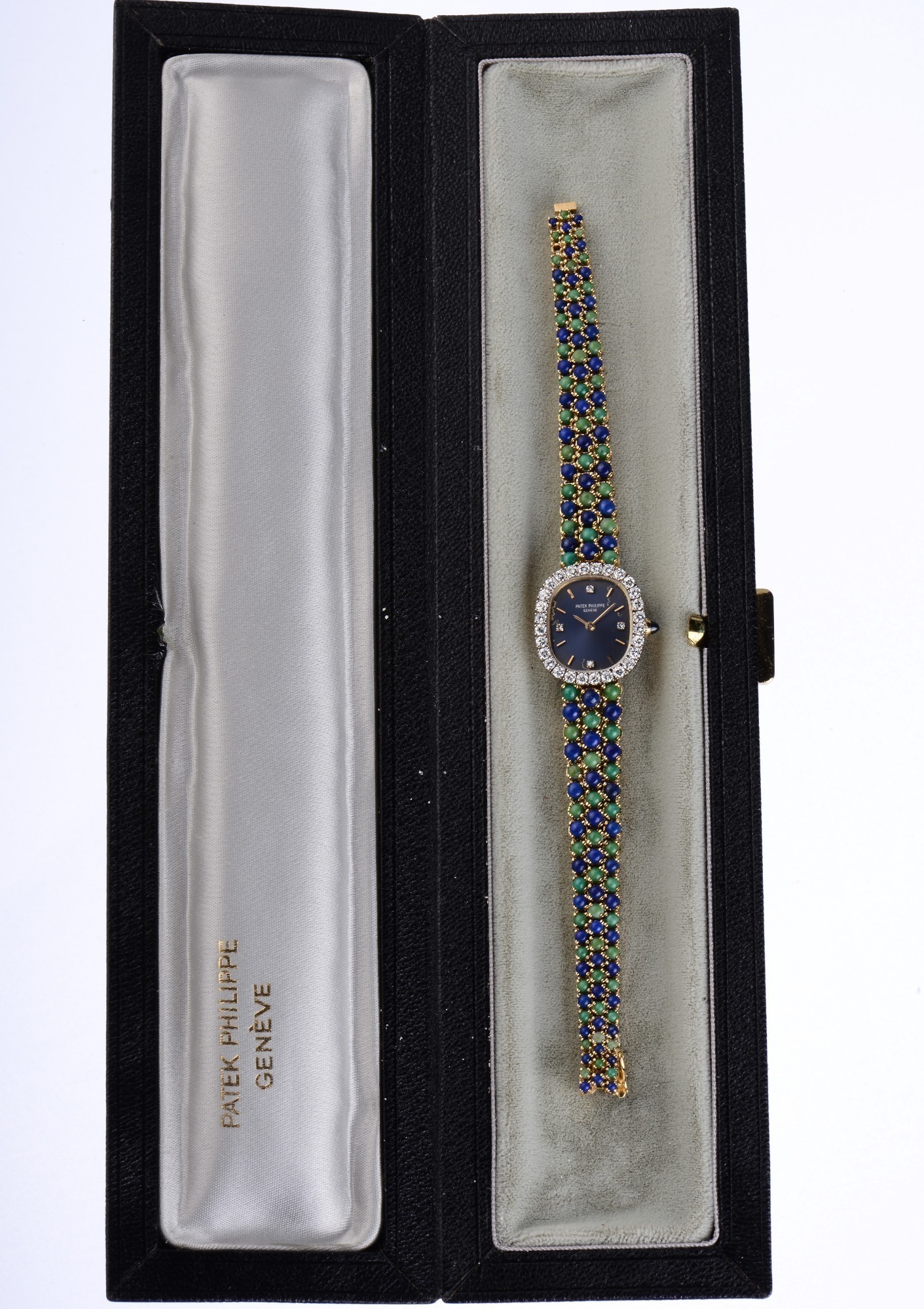 Patek Philippe 18K Gold Ref. 4014/1 Ladies Diamond Bezel Wristwatch With Lapis Lazuli and Turquoise Integral Bracelet