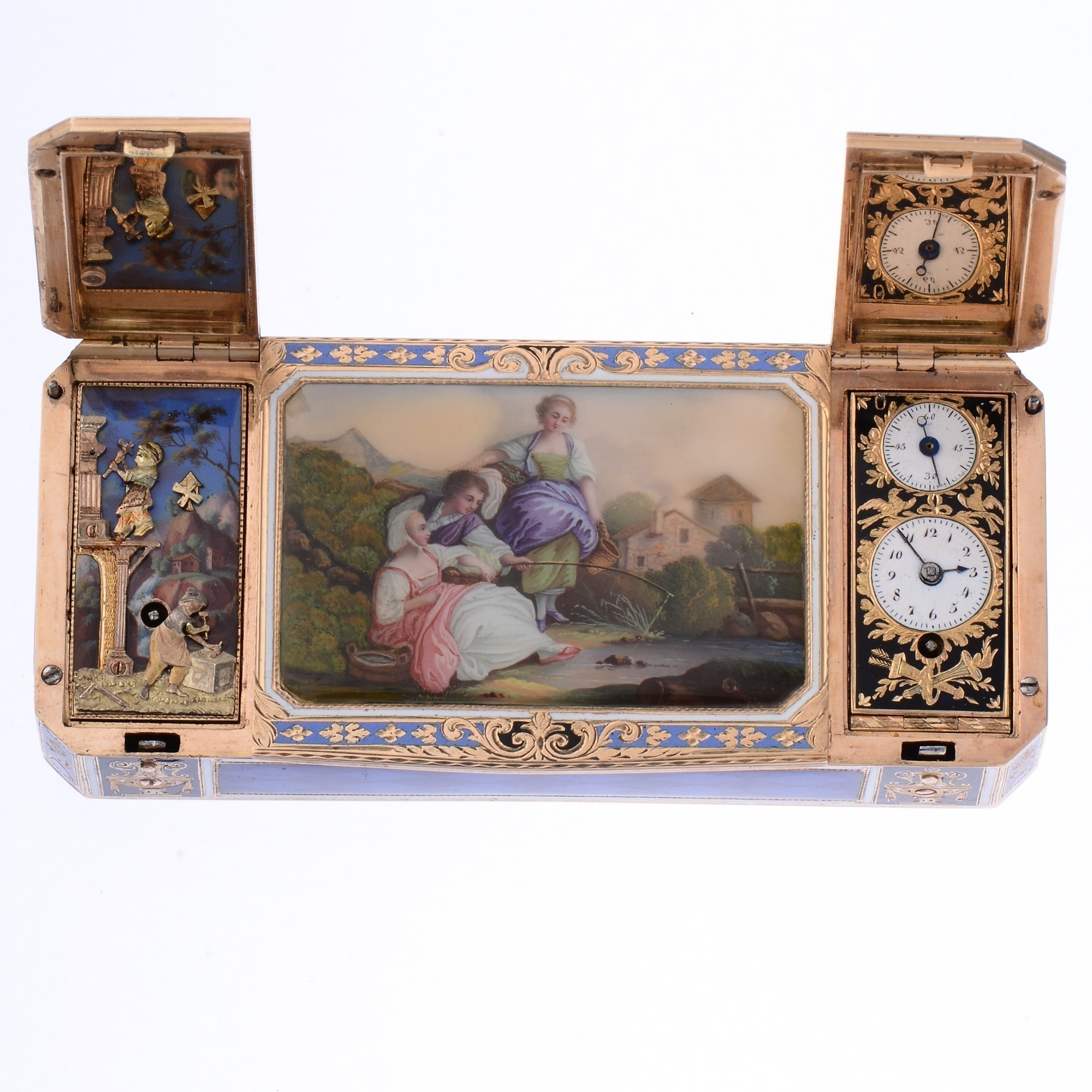 Early 19th Century Swiss Enamel 18K Gold Snuff Box With Watch And Automation