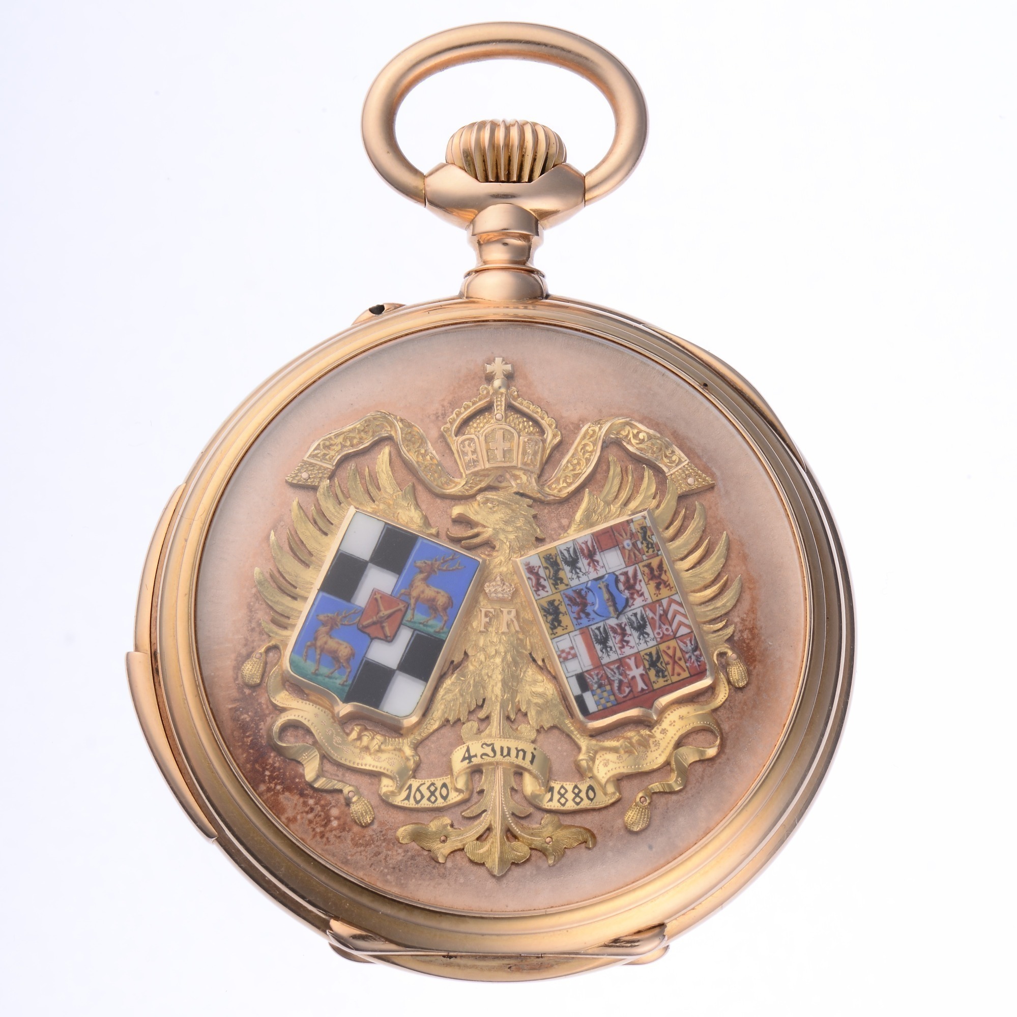 Willy Berger Quarter Hour Repeater 18K Rose Gold and Enamel Skeletonized Pocket Watch, Circa 1880