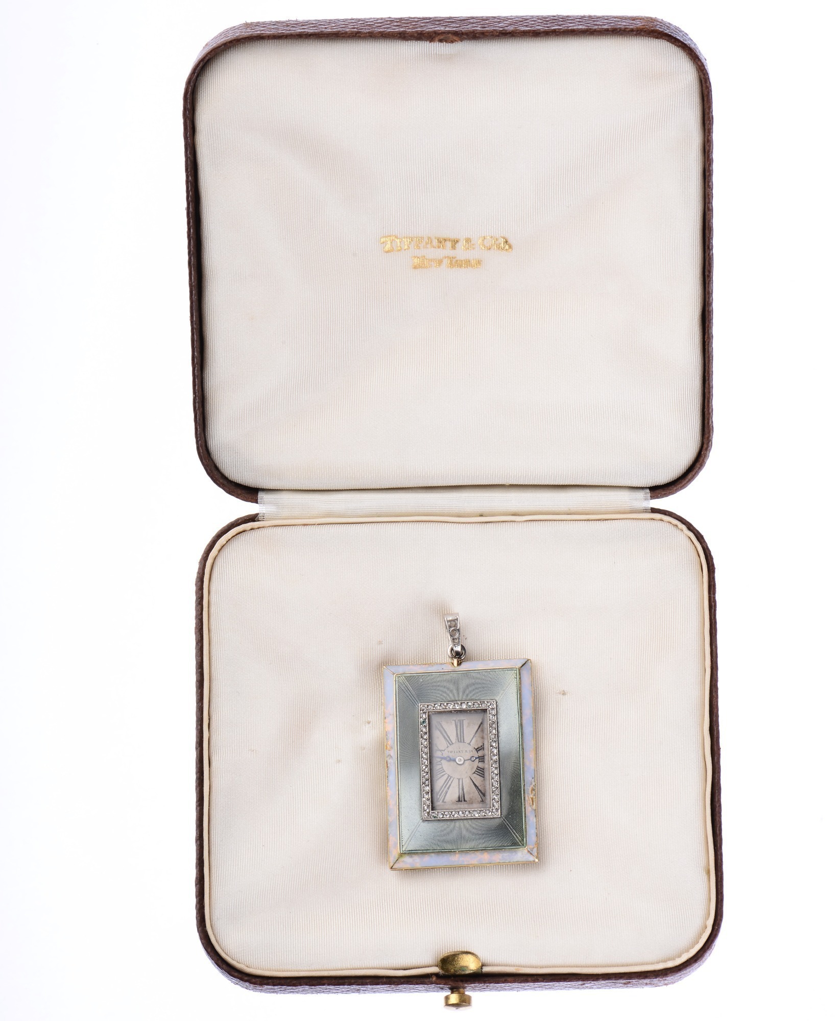 Tiffany and Co. Edwardian Enamel and Diamond 18K Gold And Platinum Case Rectangular Pendant Watch By Verger