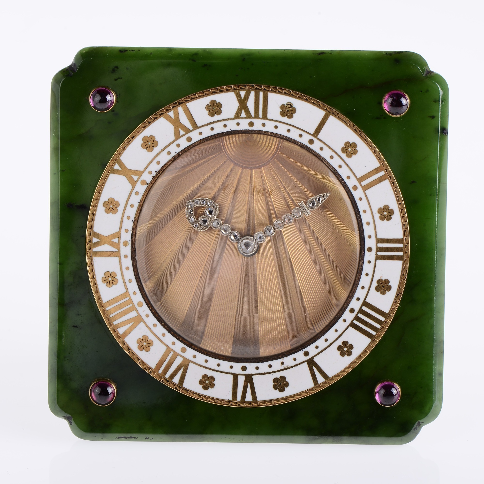 Cartier Art Deco Square Jade Desk Clock Set With Cabochon Rubies Has A Guilloche Dial, Enameled Gold Dial