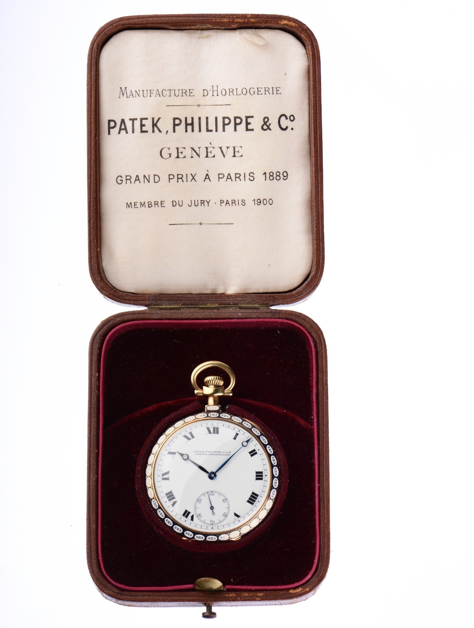 Patek Philippe 18K Gold Pocket Watch With Ornate Unusual Black And White Enamel