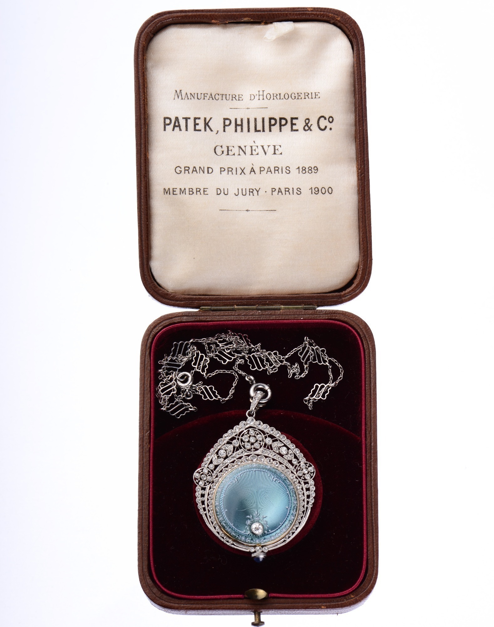 Patek Philippe For Spaulding and Company Edwardian Belle Époque Platinum Diamond Gold and Enamel Pendant Watch With Platinum Chain