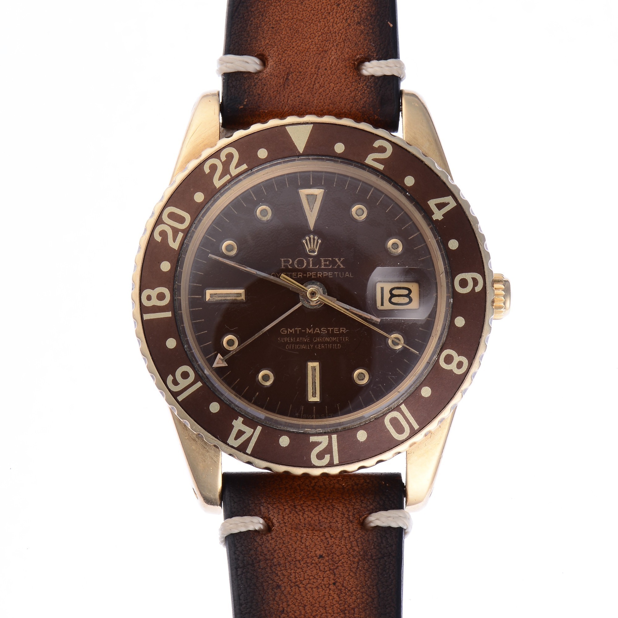 Rolex No Crown Guard GMT Master Ref. 1675 18K Gold Wristwatch