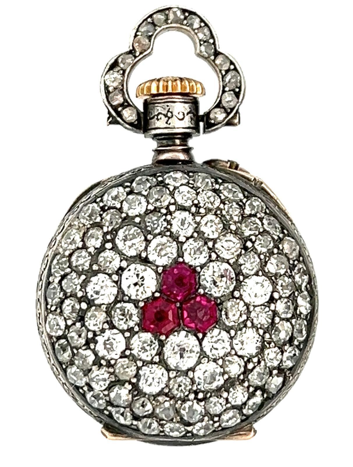 LECOULTRE MINIATURE DIAMOND AND RUBY PENDANT WATCH, CIRCA 1890