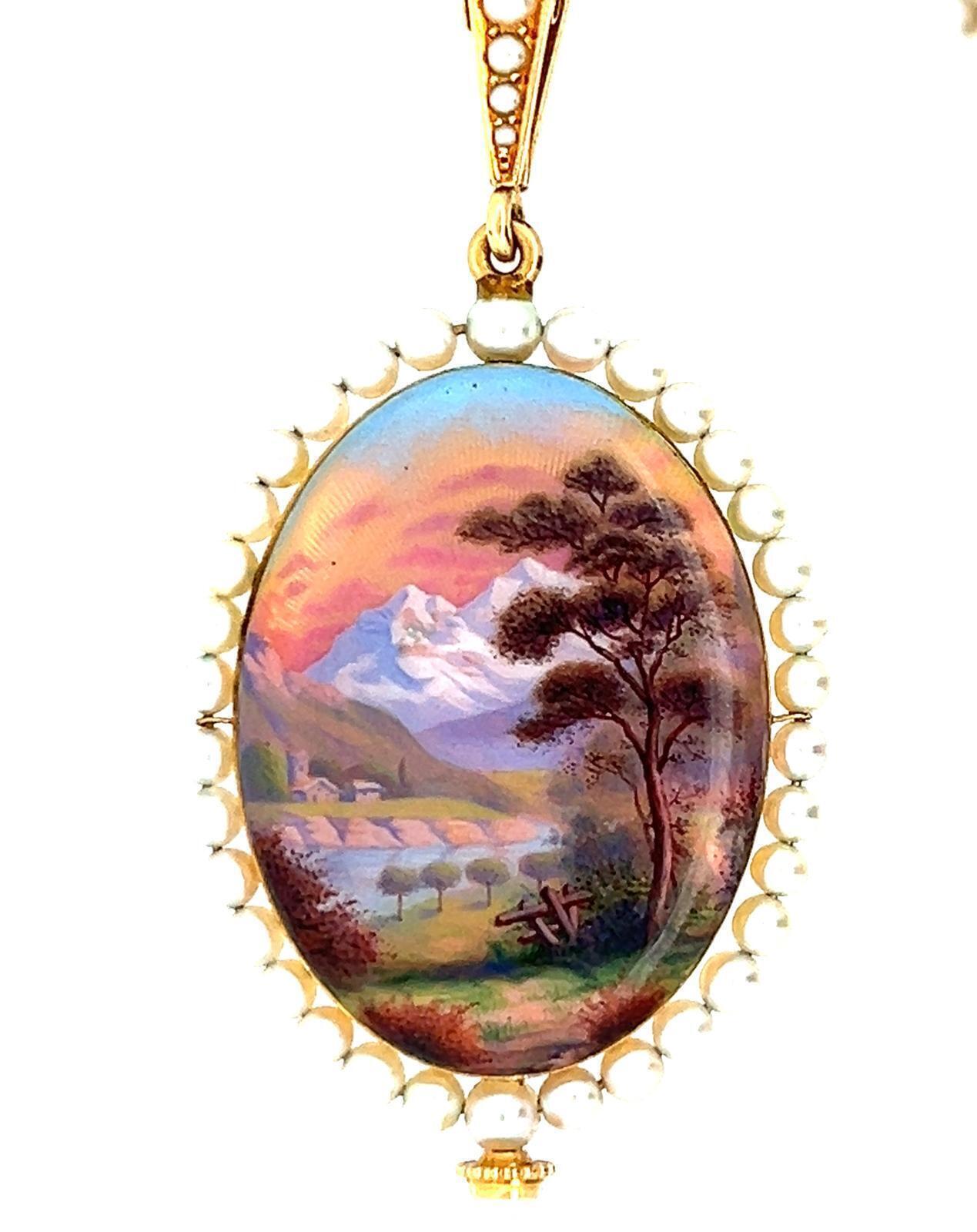 GUBELIN ENAMEL, GOLD, AND PEARL OVAL PENDANT WATCH AND CHAIN, CIRCA 1900