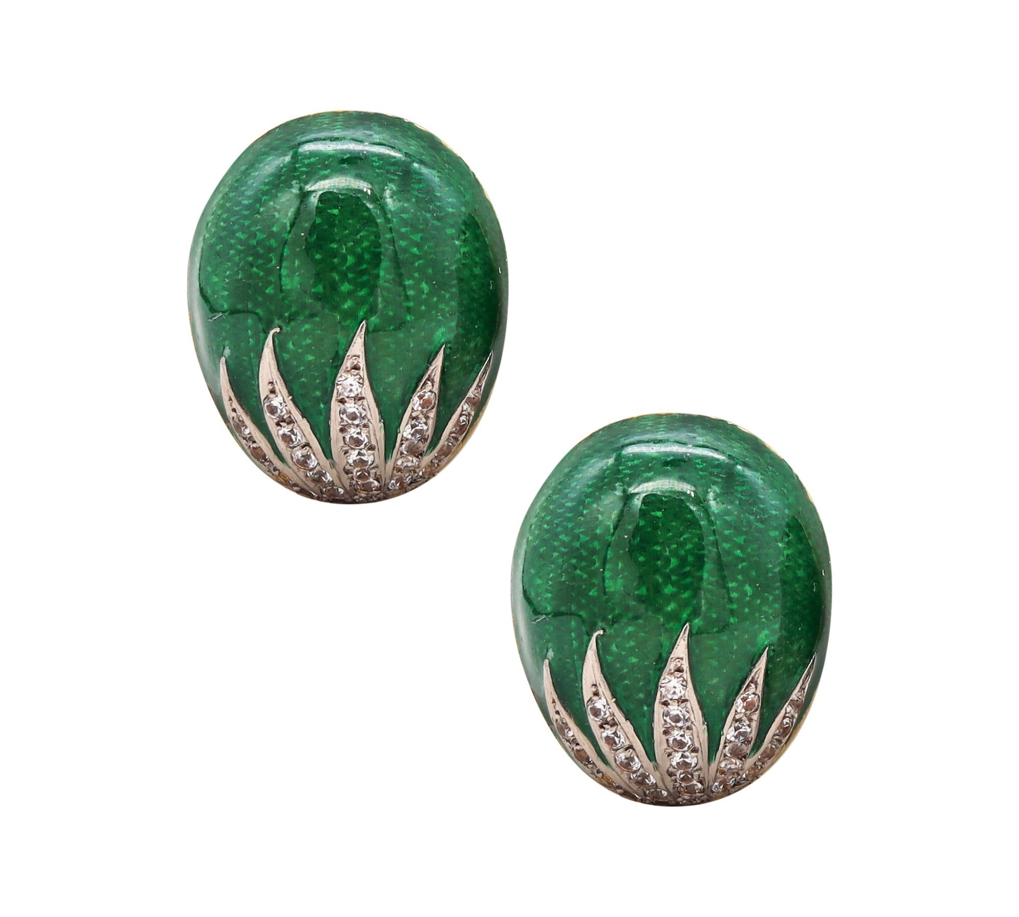 18K GOLD DIAMOND AND GREEN GUILLOCHE ENAMEL MID CENTURY EARRINGS