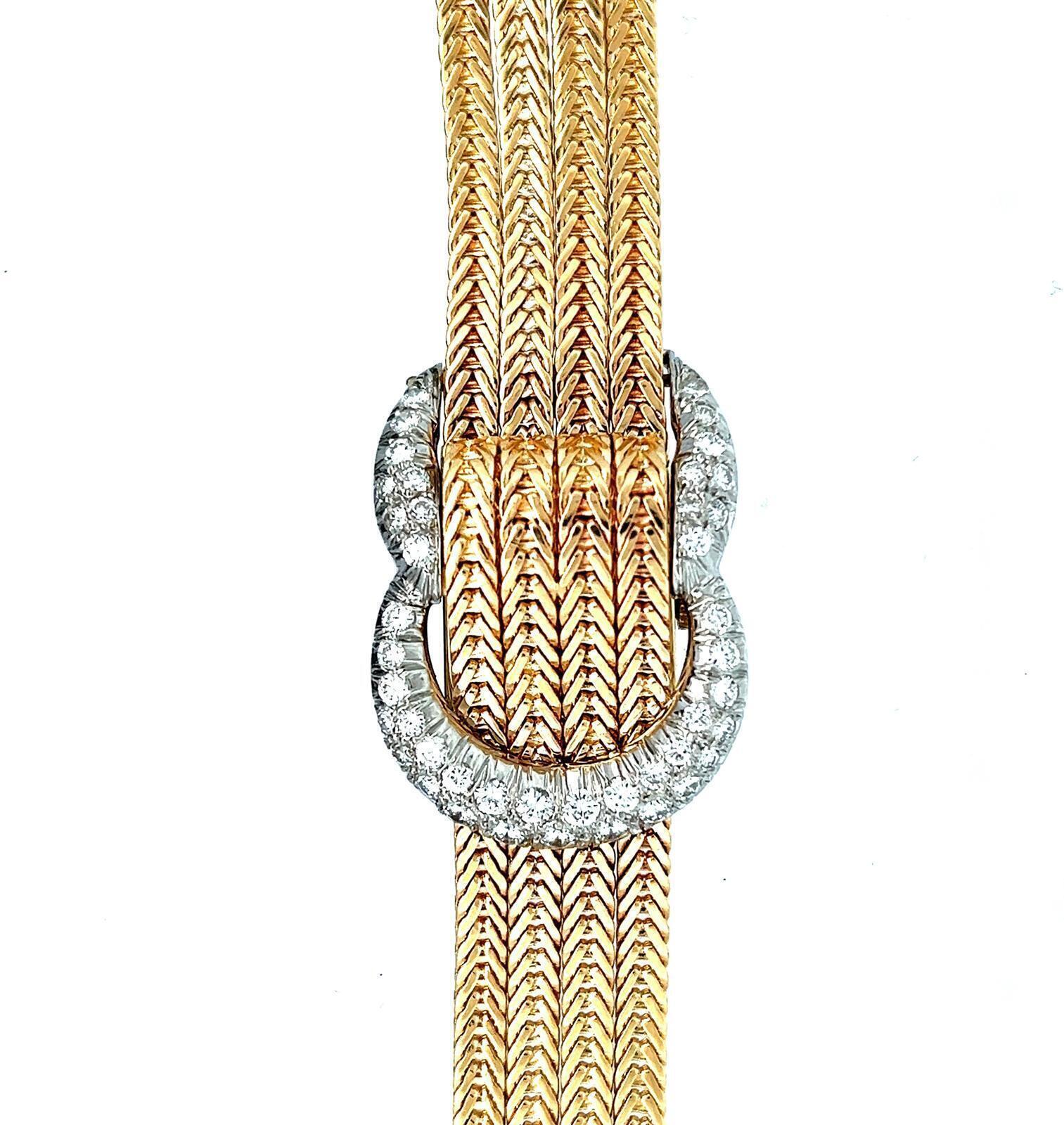 14K GOLD AND DIAMOND PEAK-A-BOO COVERED COCKTAIL WATCH, CIRCA 1955