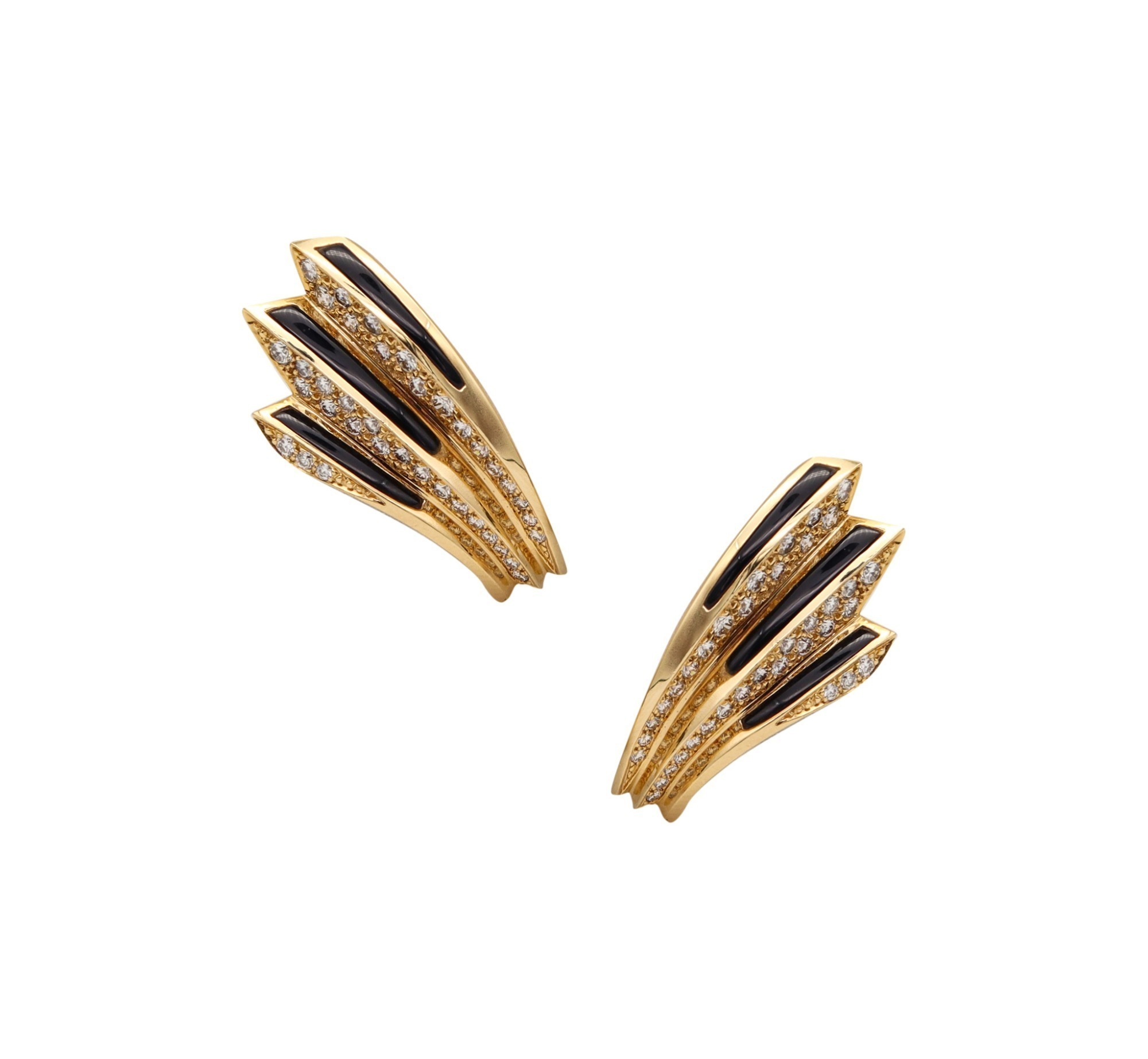 18K GOLD DIAMOND AND ONYX MODERNIST AERODYNAMIC CLIP EARRINGS